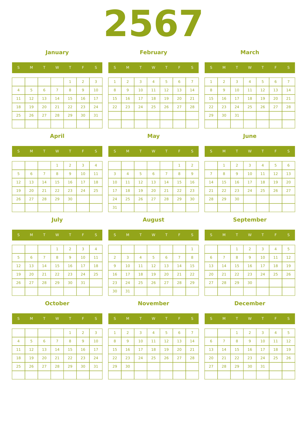 Printable 2567 Year Calendars chartreuse
