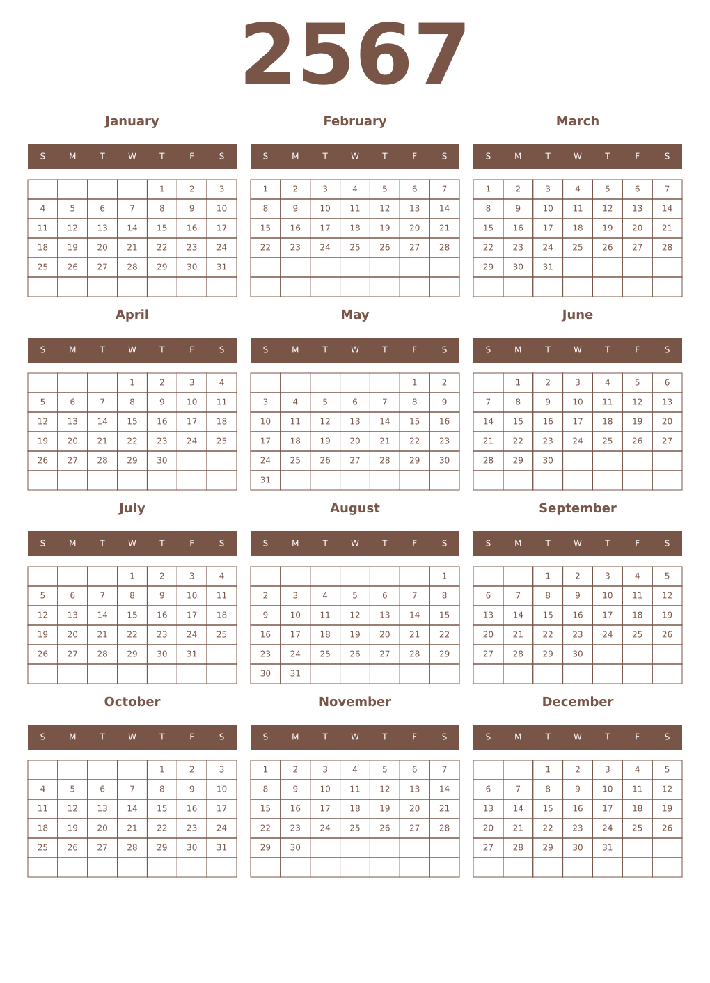 Printable 2567 Year Calendars coffe