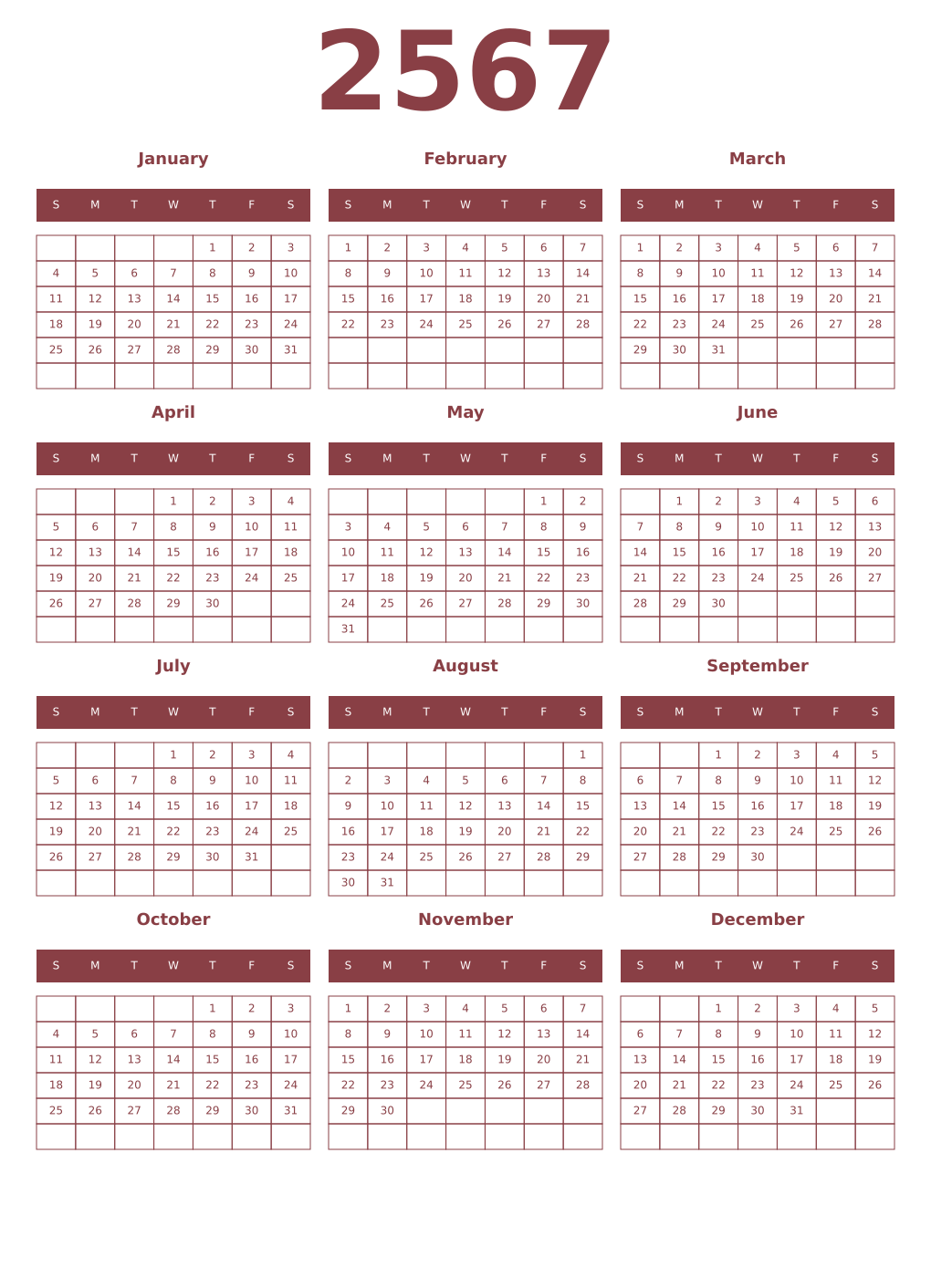 Printable 2567 Year Calendars cordovan