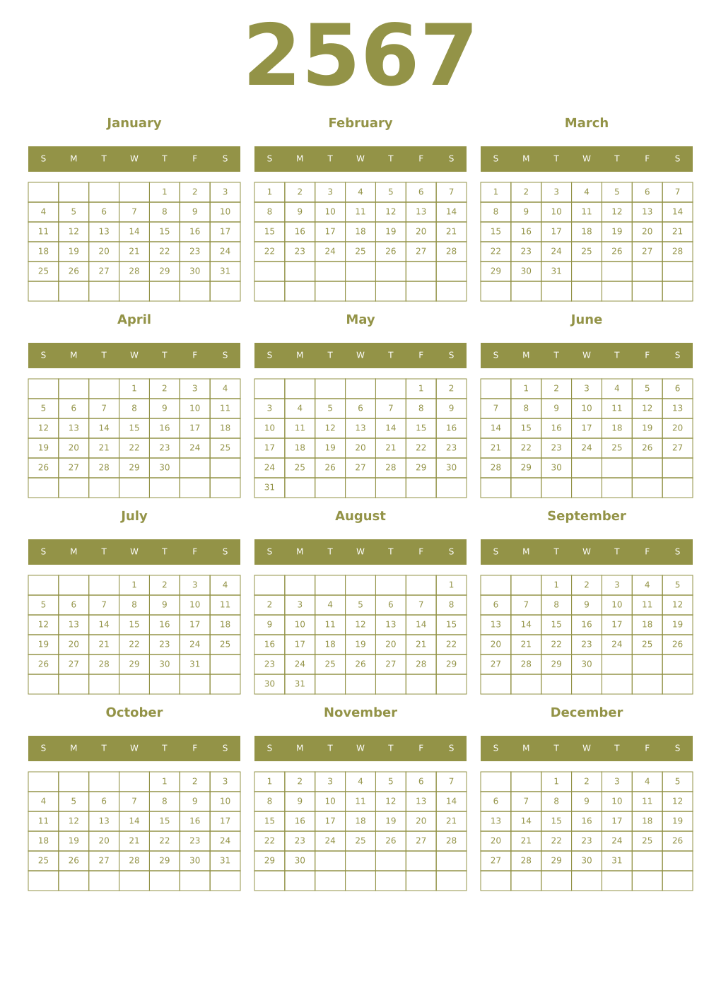 Printable 2567 Year Calendars eburnean