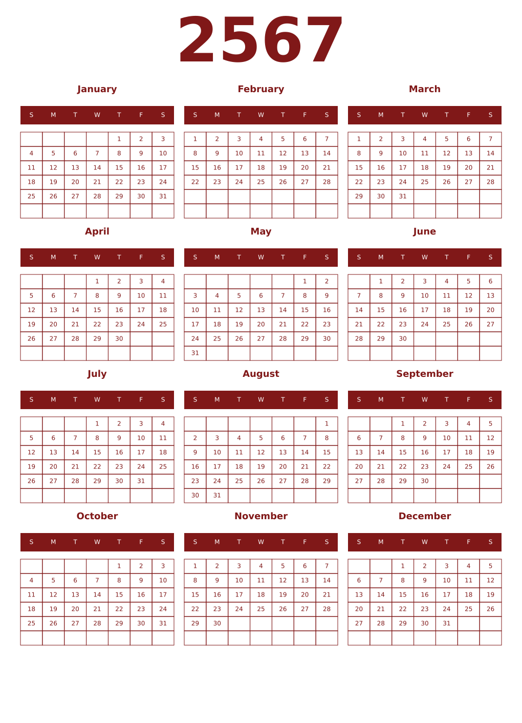 Printable 2567 Year Calendars falu