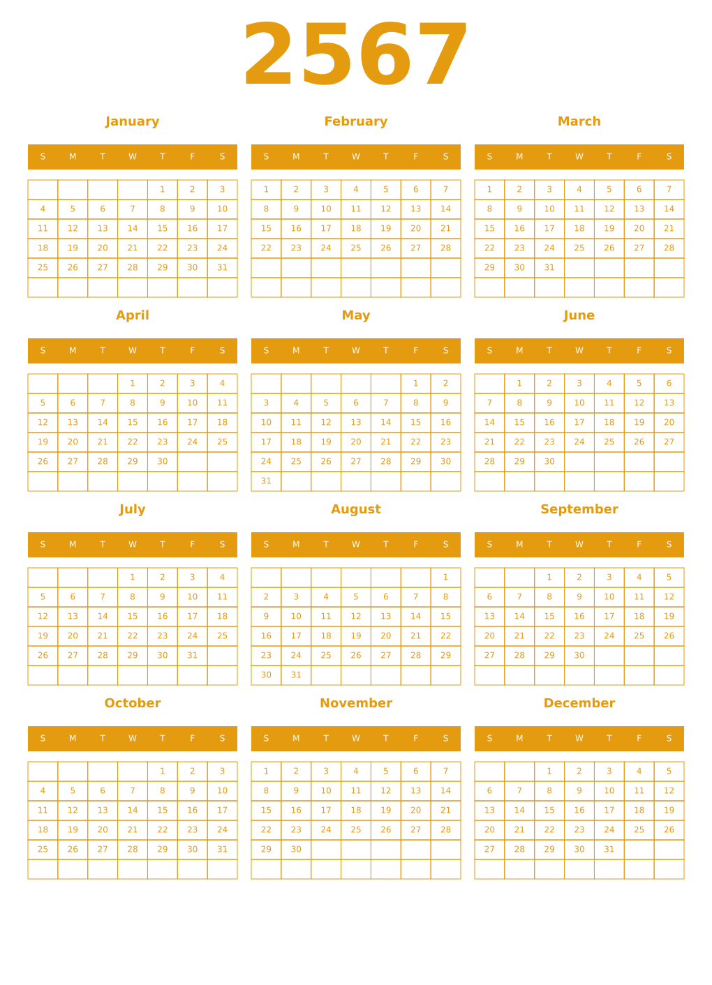 Printable 2567 Year Calendars gamboge