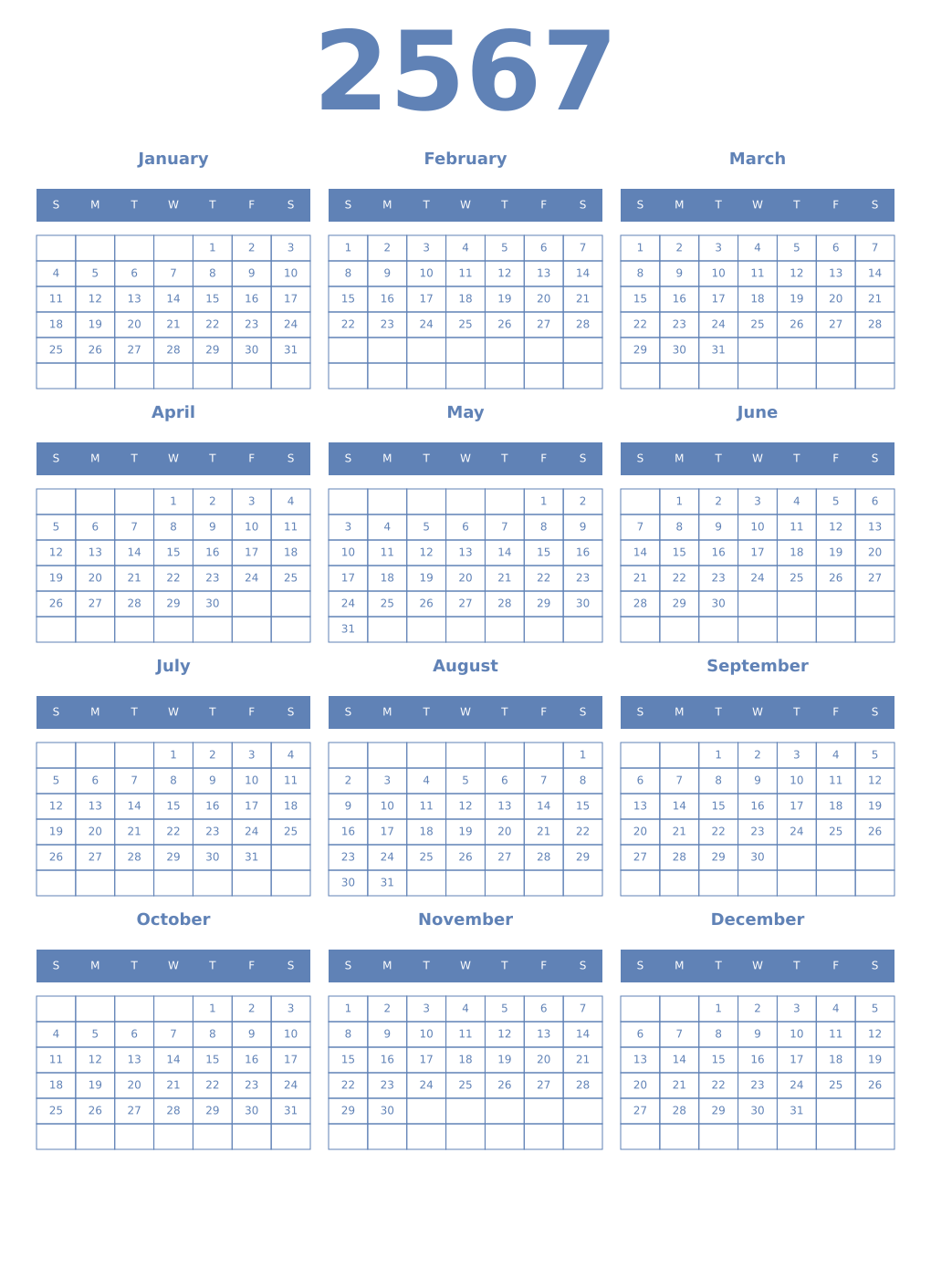 Printable 2567 Year Calendars glaucous