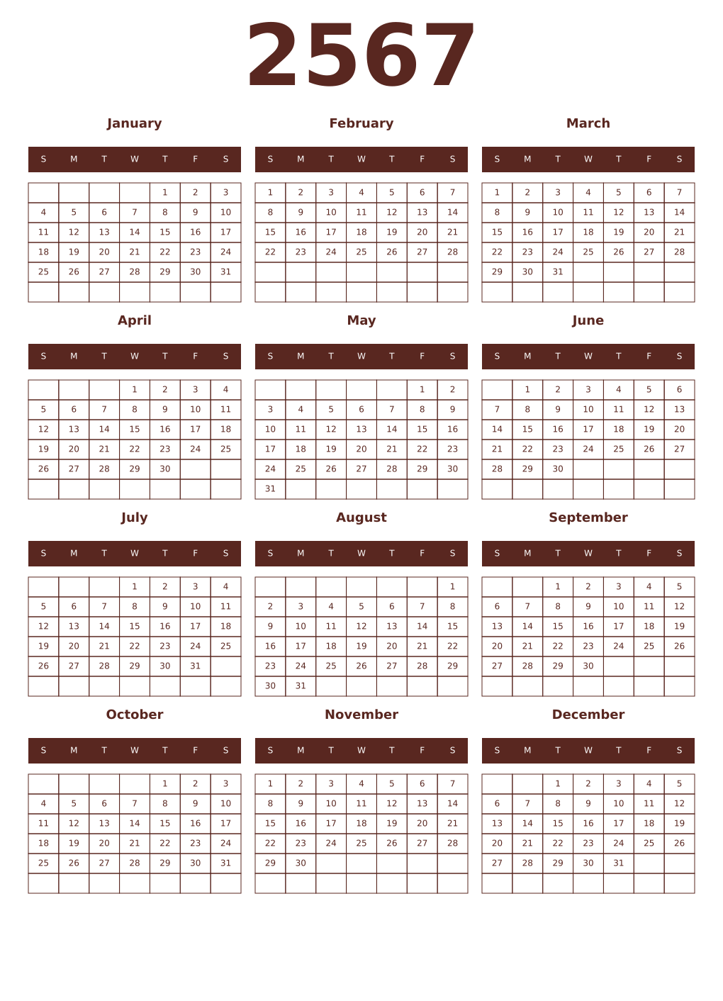 Printable 2567 Year Calendars mortuum