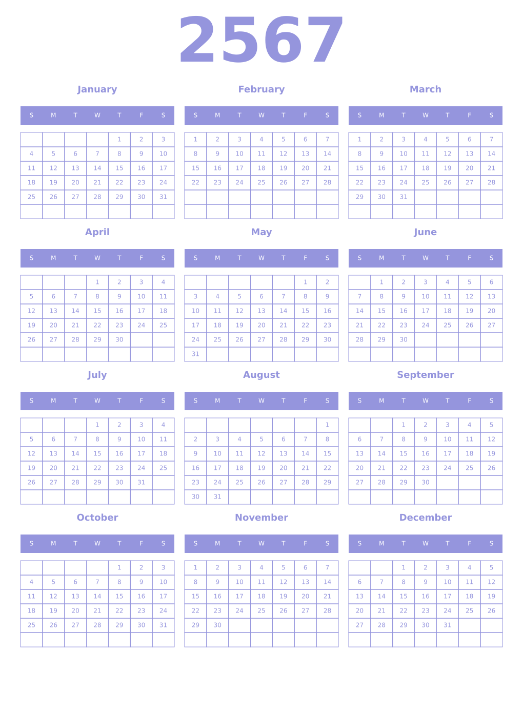 Printable 2567 Year Calendars periwinkle