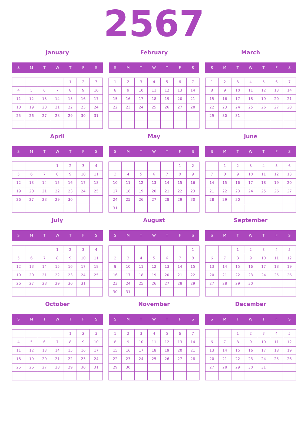 Printable 2567 Year Calendars purple