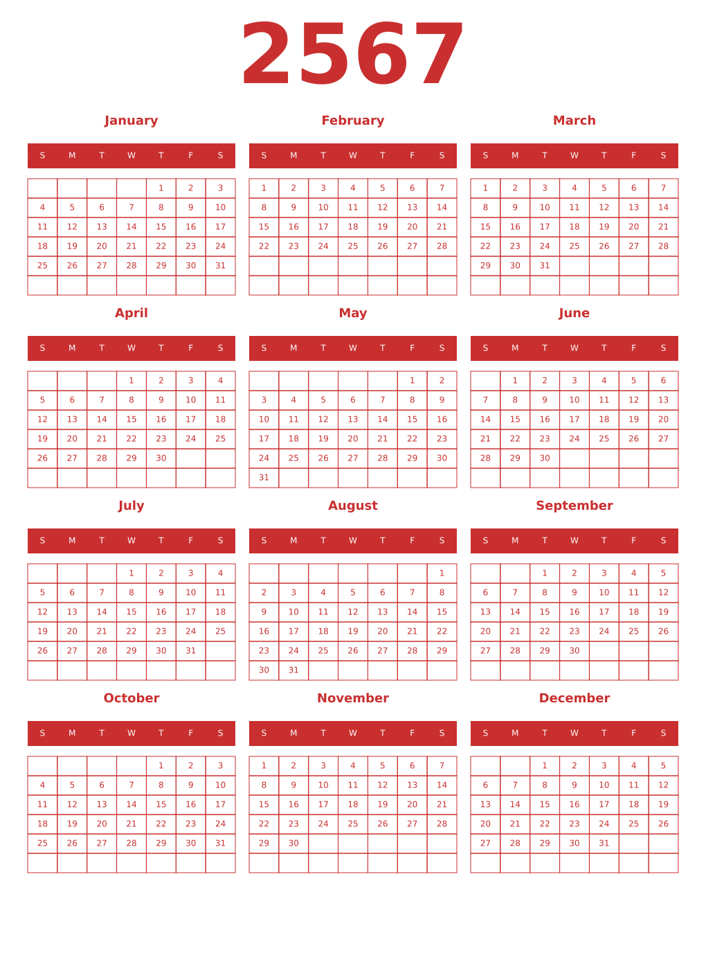 Printable 2567 Year Calendars red