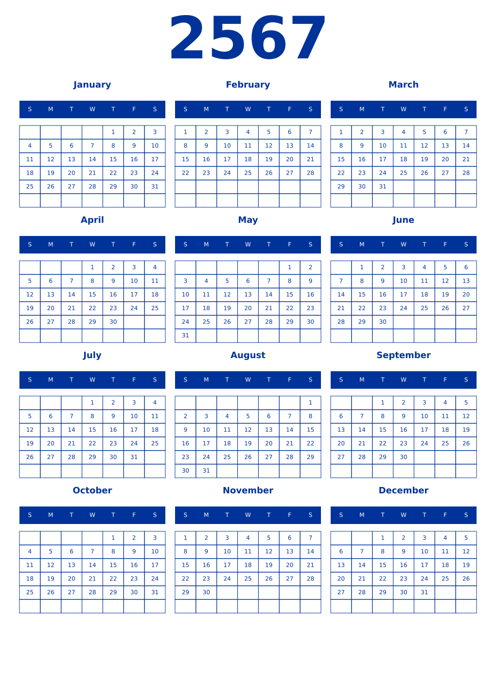 Printable 2567 Year Calendars smalt