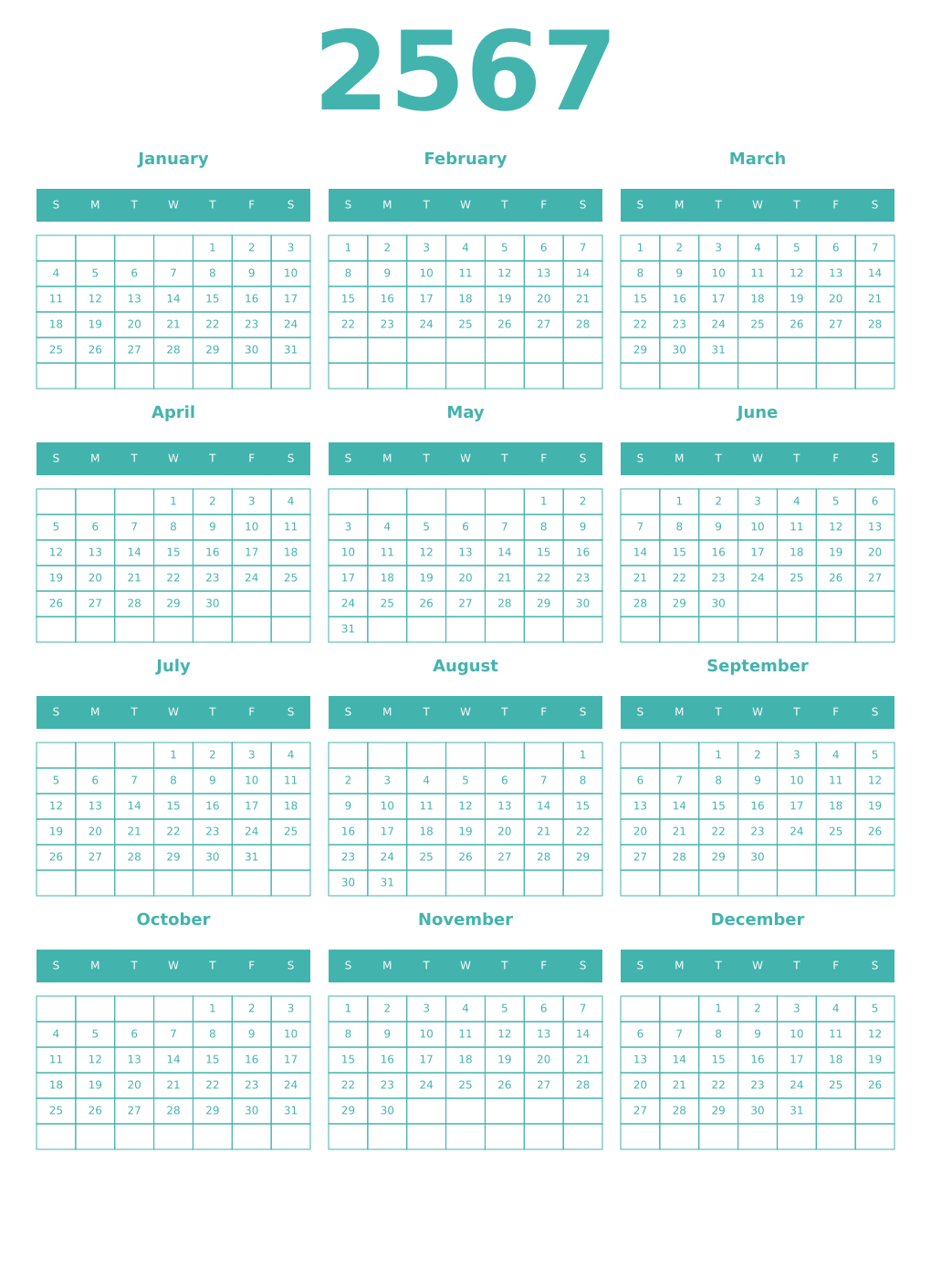 Printable 2567 Year Calendars verdigris