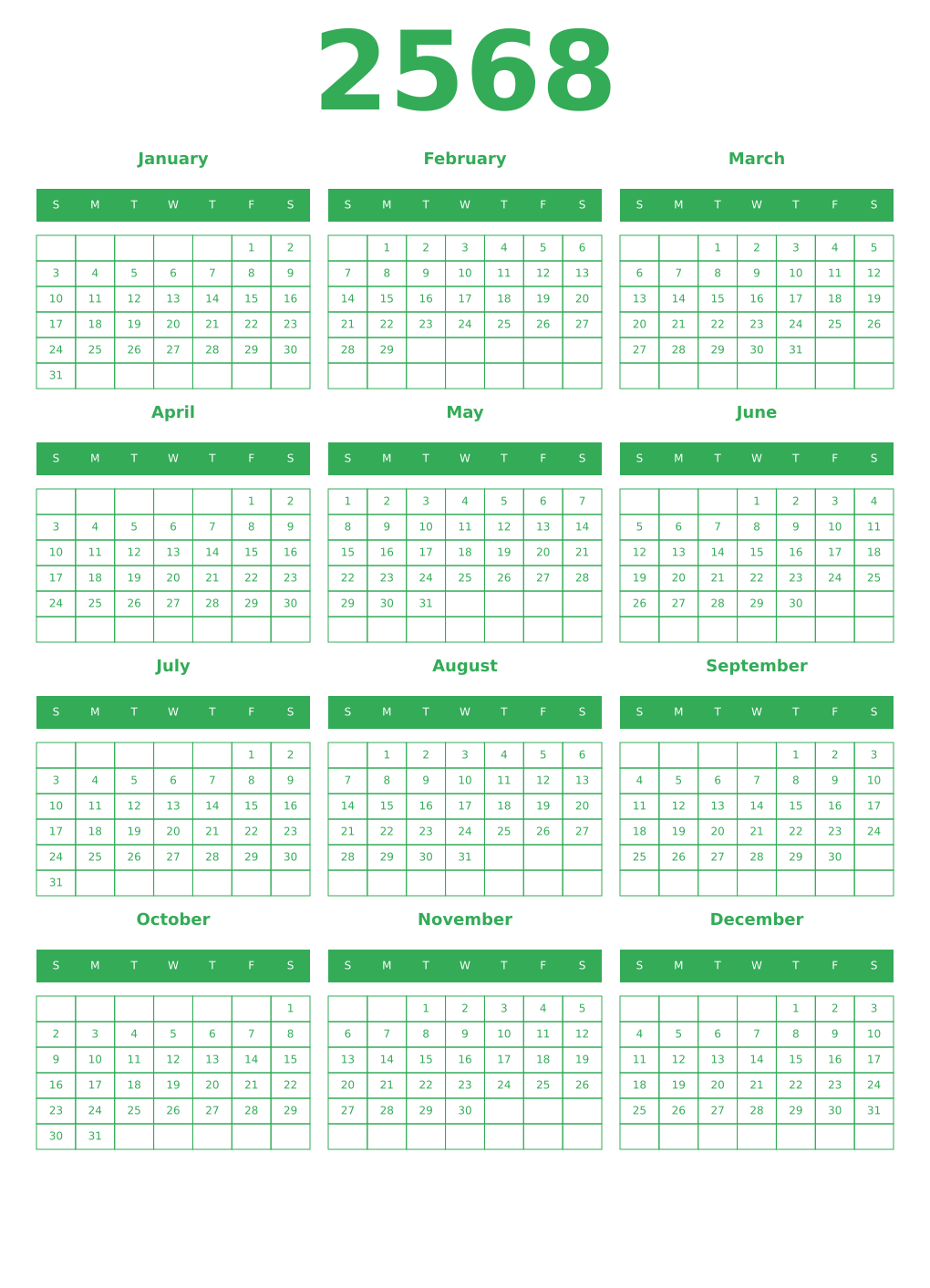 Printable 2568 Year Calendars green