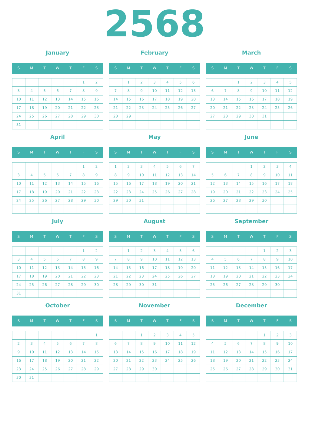 Printable 2568 Year Calendars verdigris
