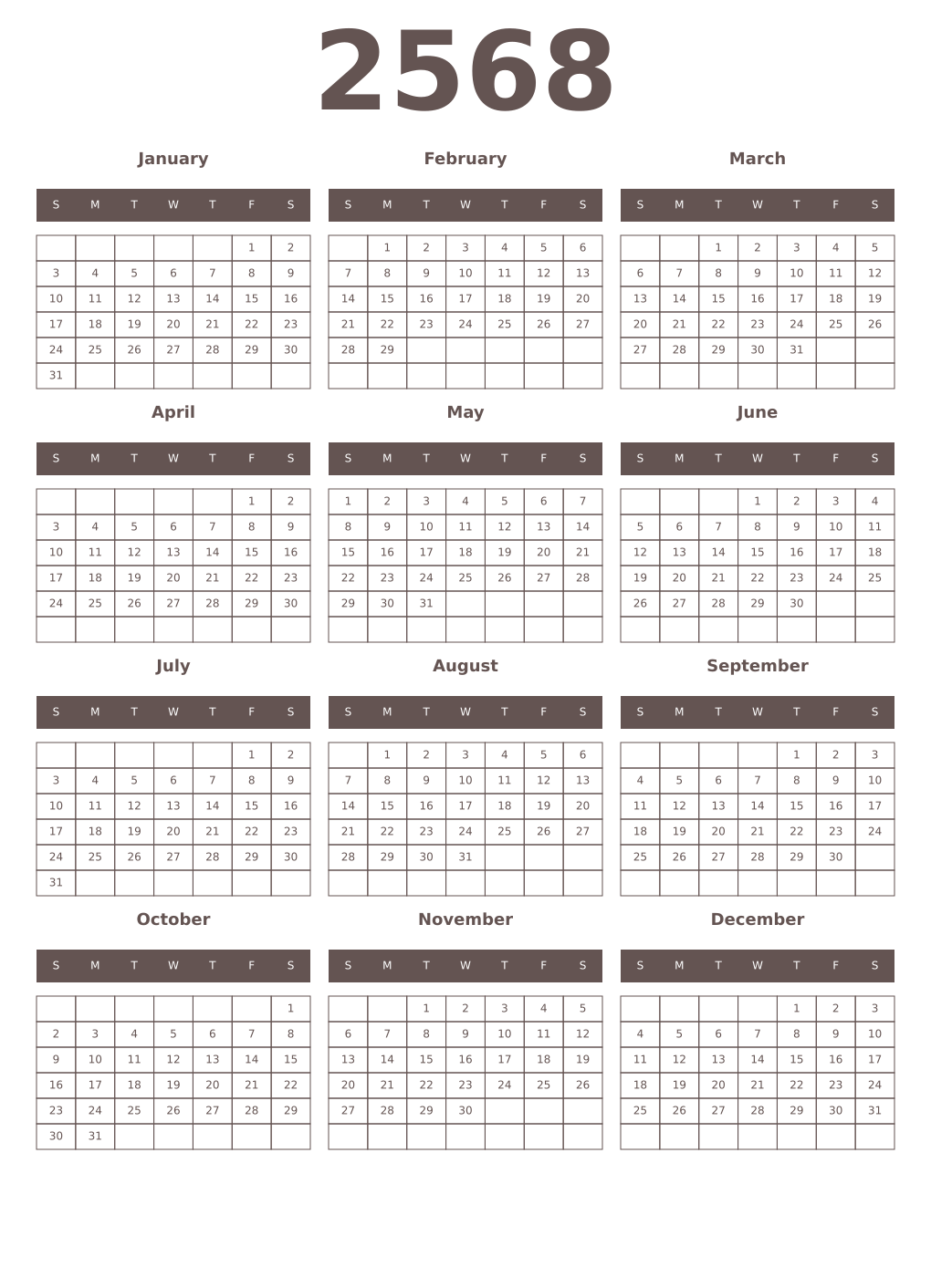 Printable 2568 Year Calendars wenge