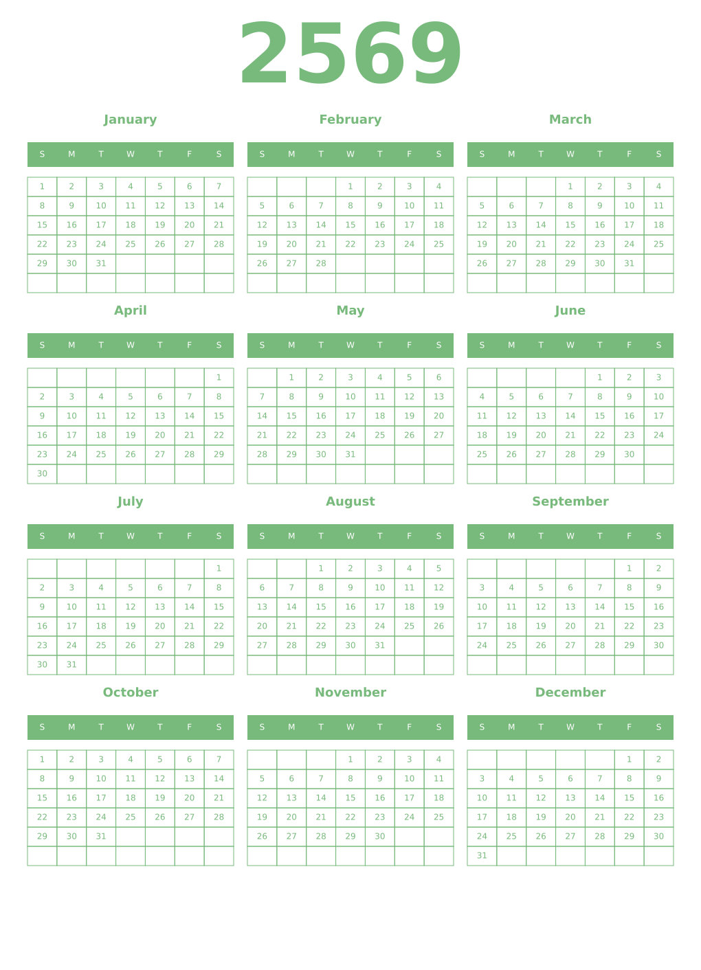 Printable 2569 Year Calendars celadon
