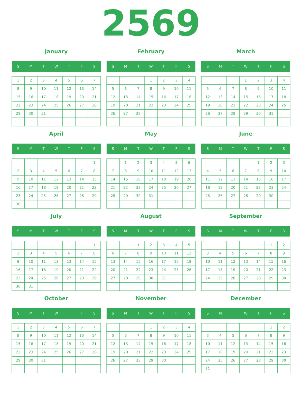 Printable 2569 Year Calendars green