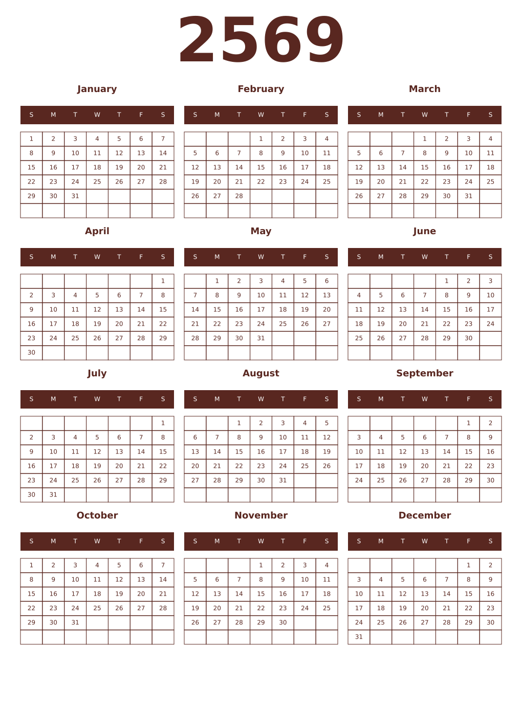 Printable 2569 Year Calendars mortuum
