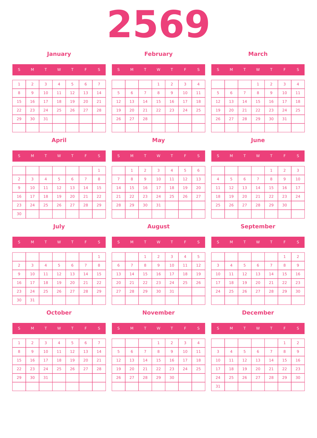 Printable 2569 Year Calendars pink