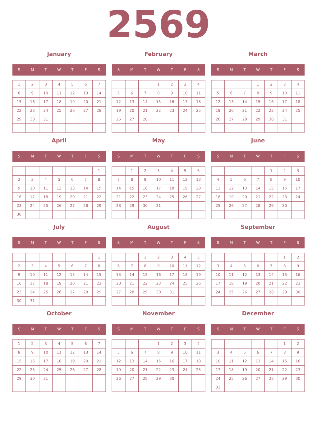 Printable 2569 Year Calendars puce