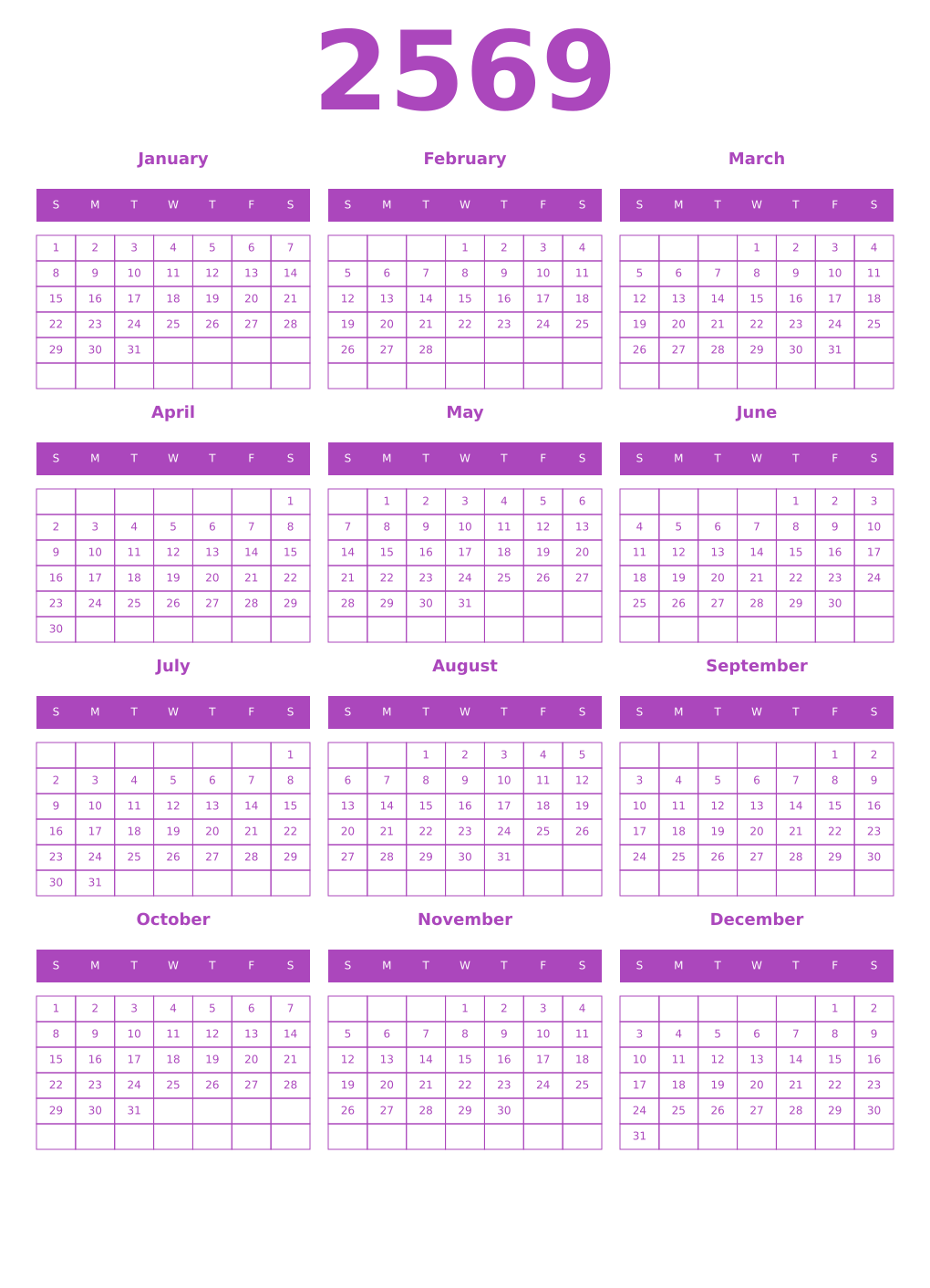 Printable 2569 Year Calendars purple