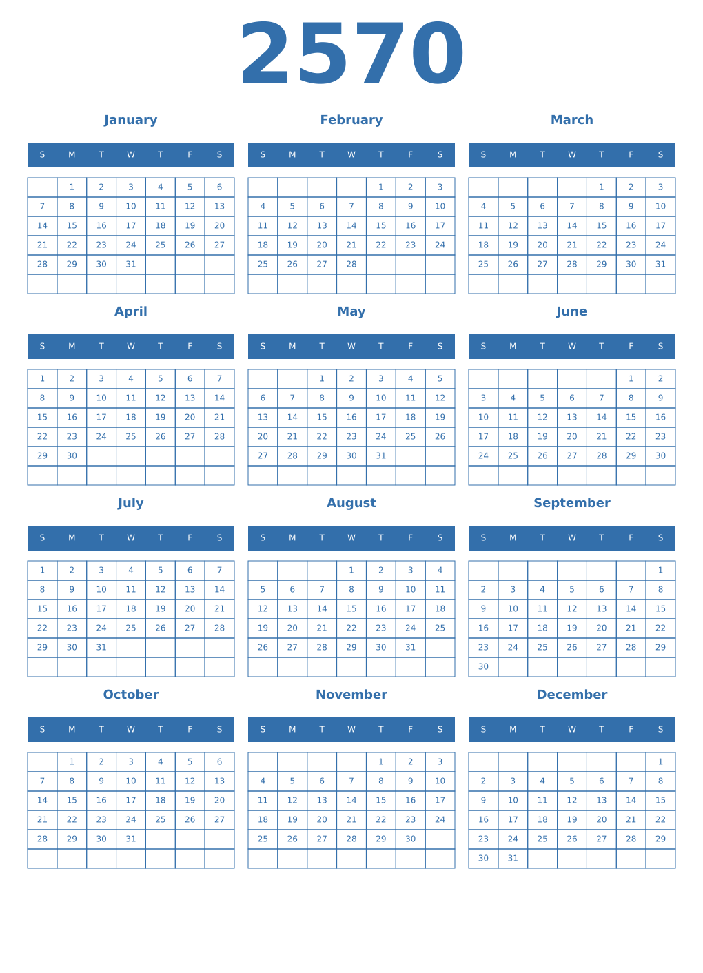 Printable 2570 Year Calendars blue