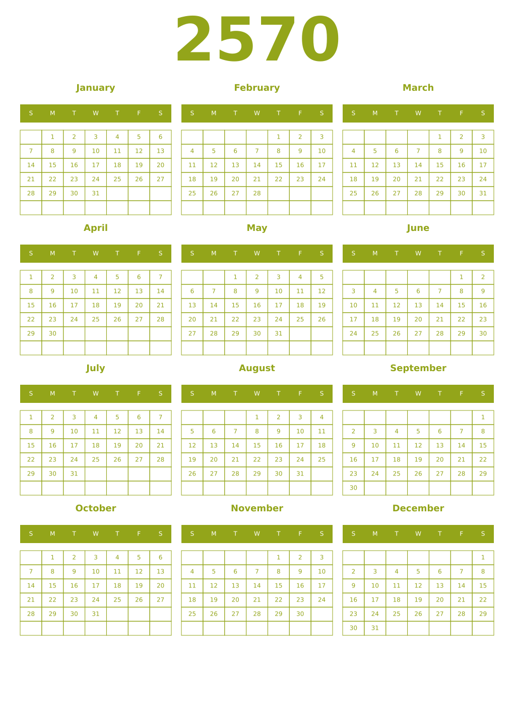 Printable 2570 Year Calendars chartreuse