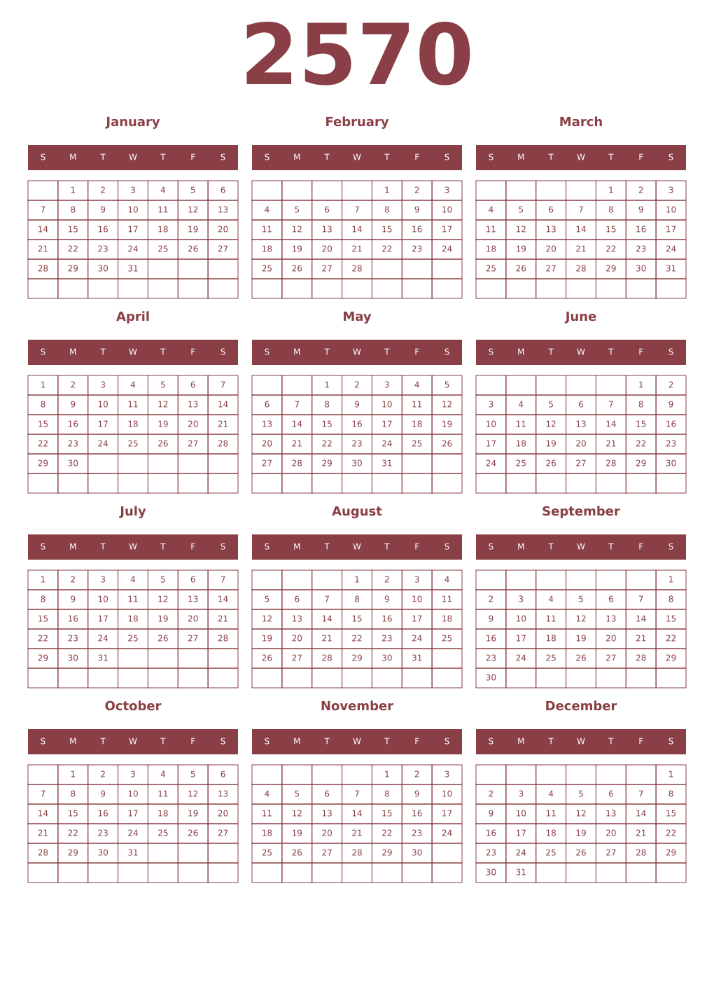 Printable 2570 Year Calendars cordovan