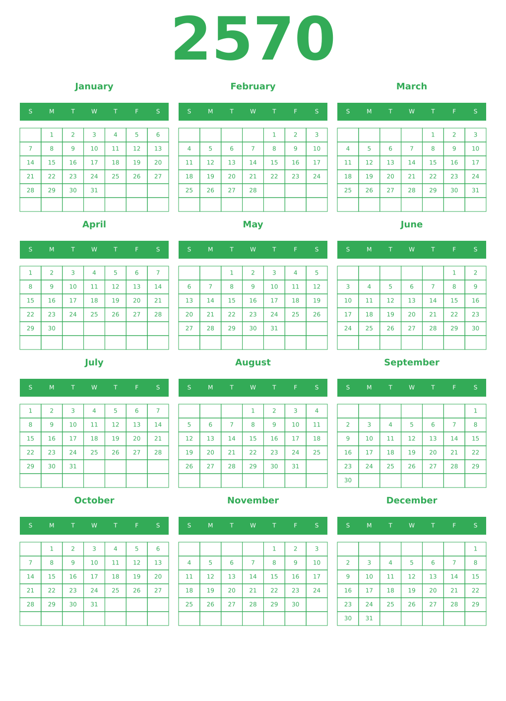 Printable 2570 Year Calendars green