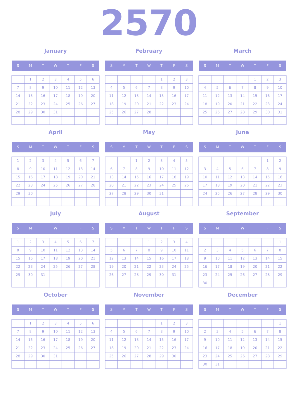Printable 2570 Year Calendars periwinkle