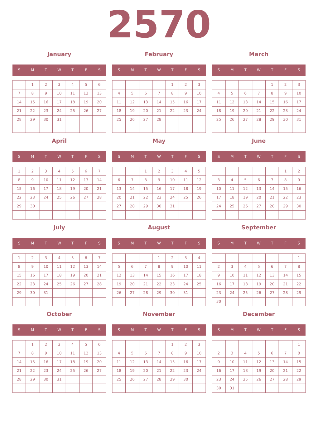 Printable 2570 Year Calendars puce