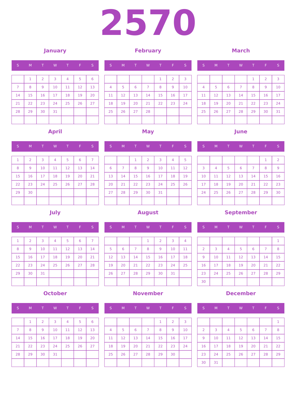 Printable 2570 Year Calendars purple
