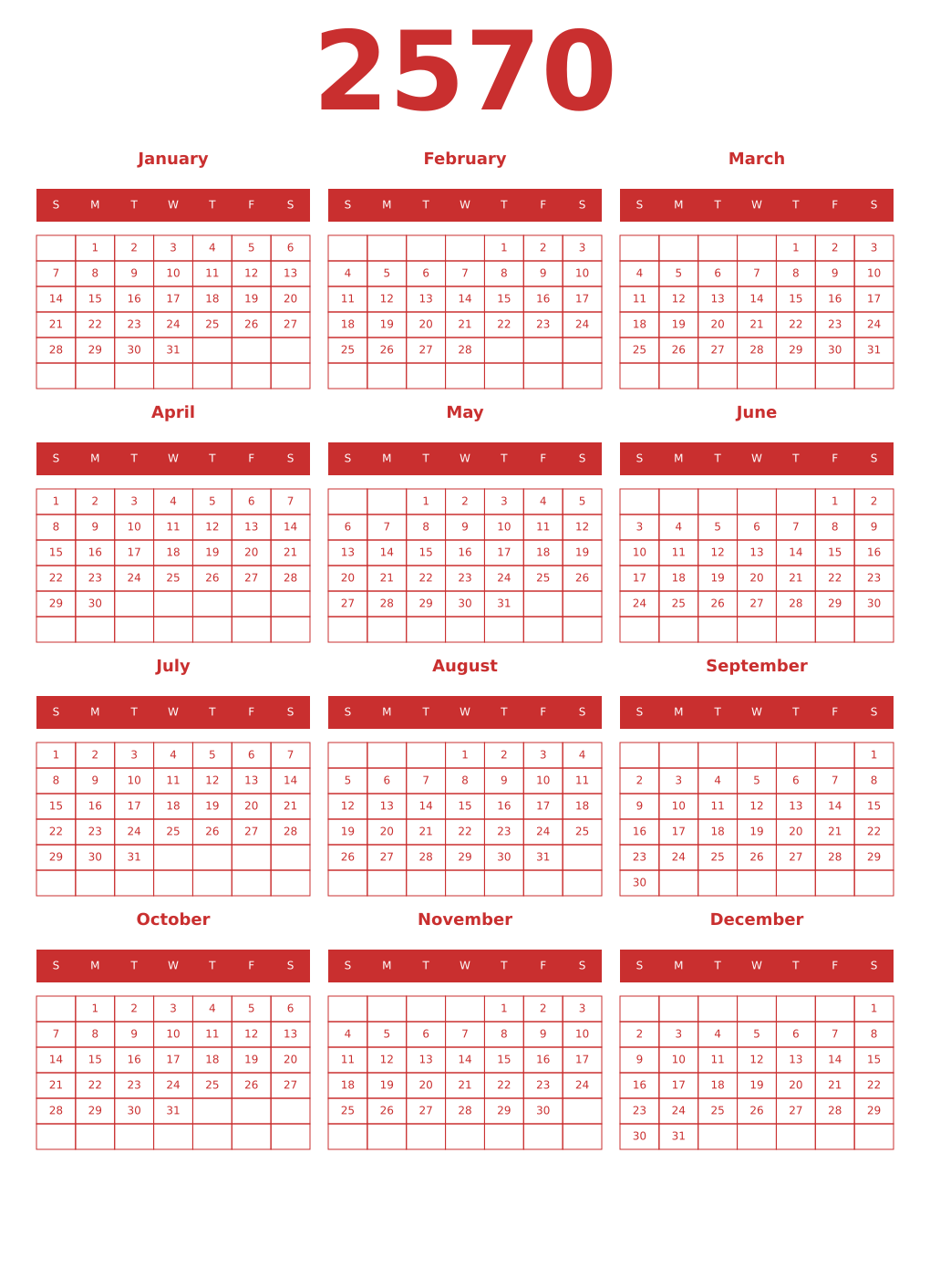 Printable 2570 Year Calendars red