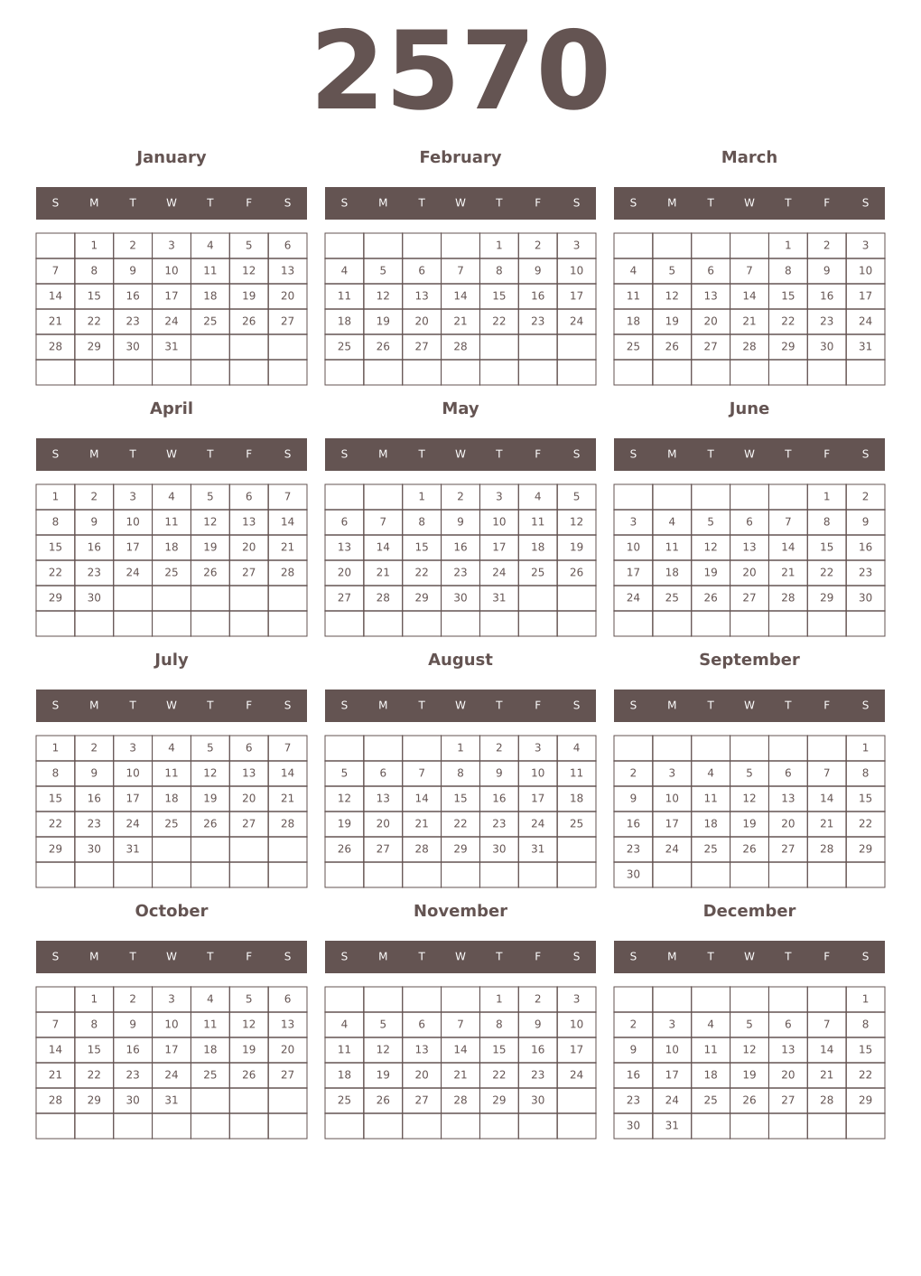 Printable 2570 Year Calendars wenge