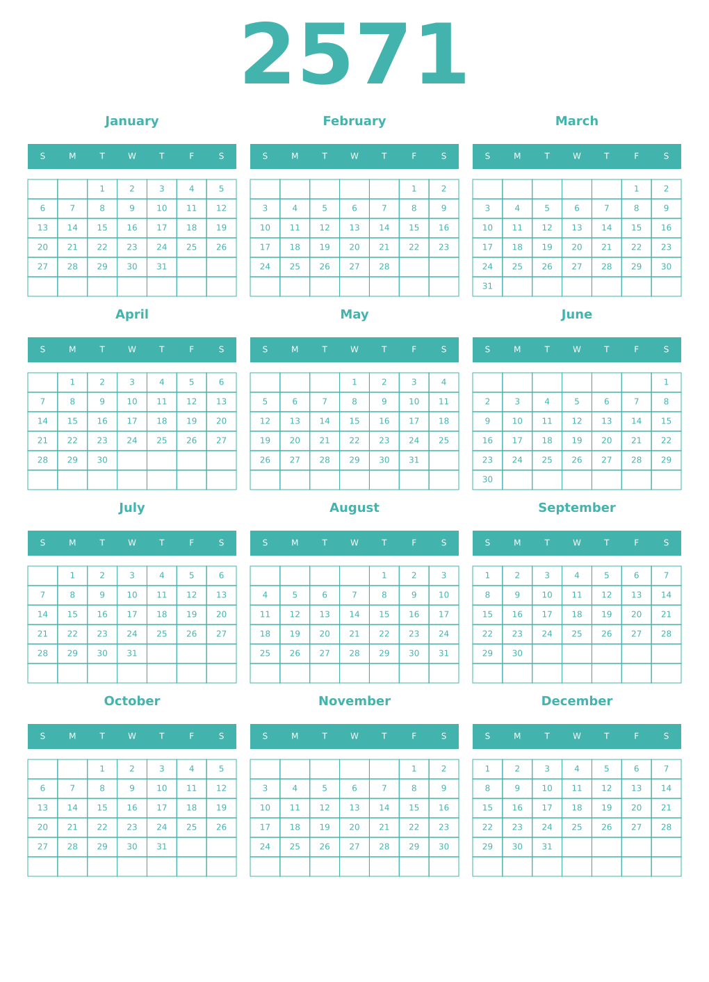 Printable 2571 Year Calendars verdigris