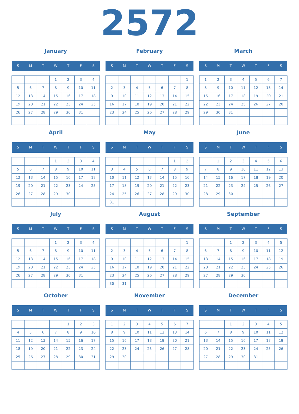 Printable 2572 Year Calendars blue