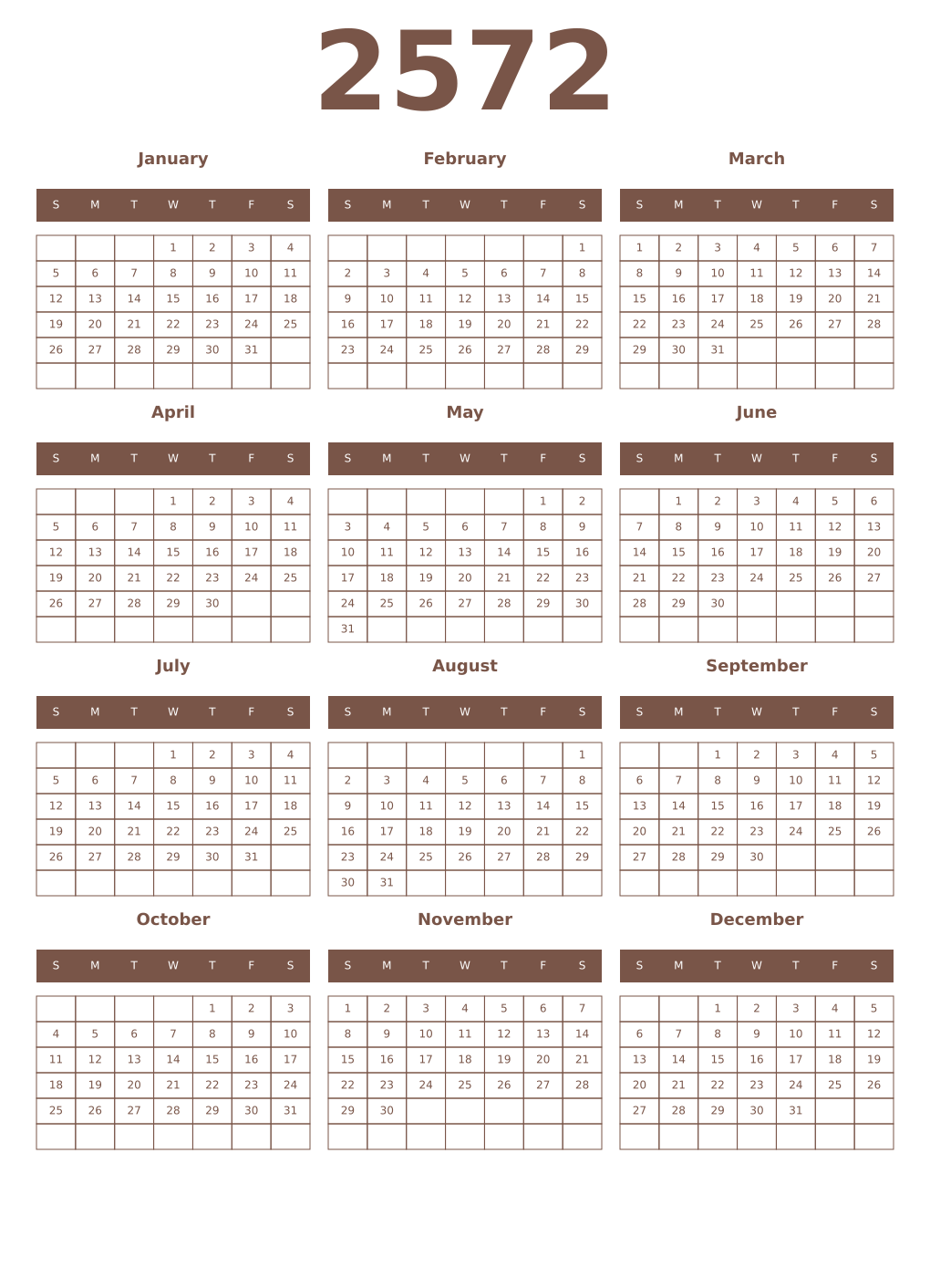Printable 2572 Year Calendars coffe