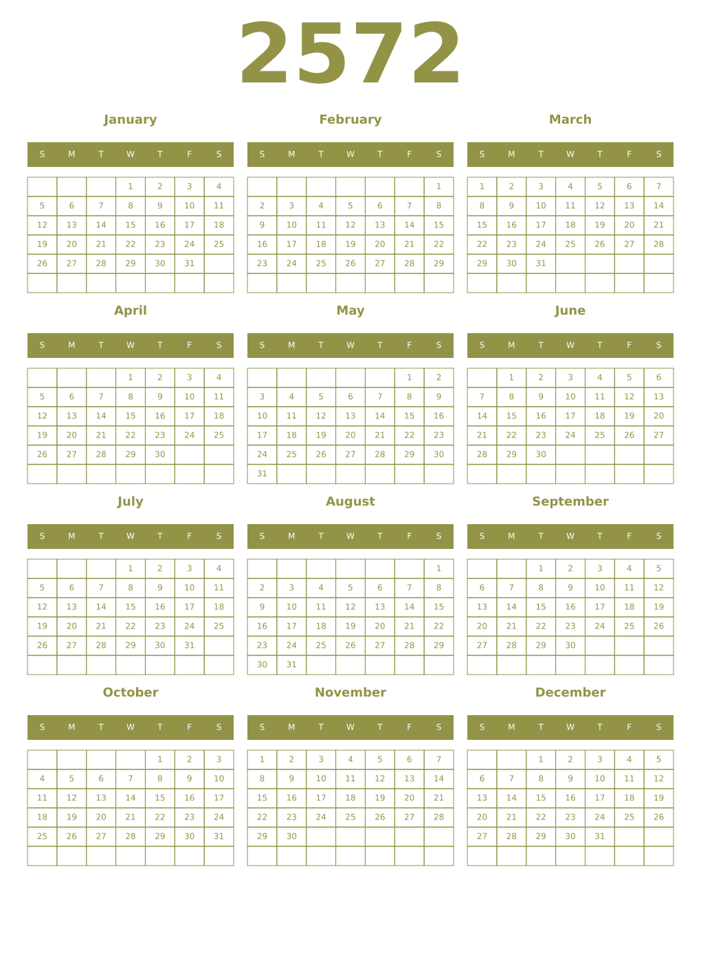 Printable 2572 Year Calendars eburnean