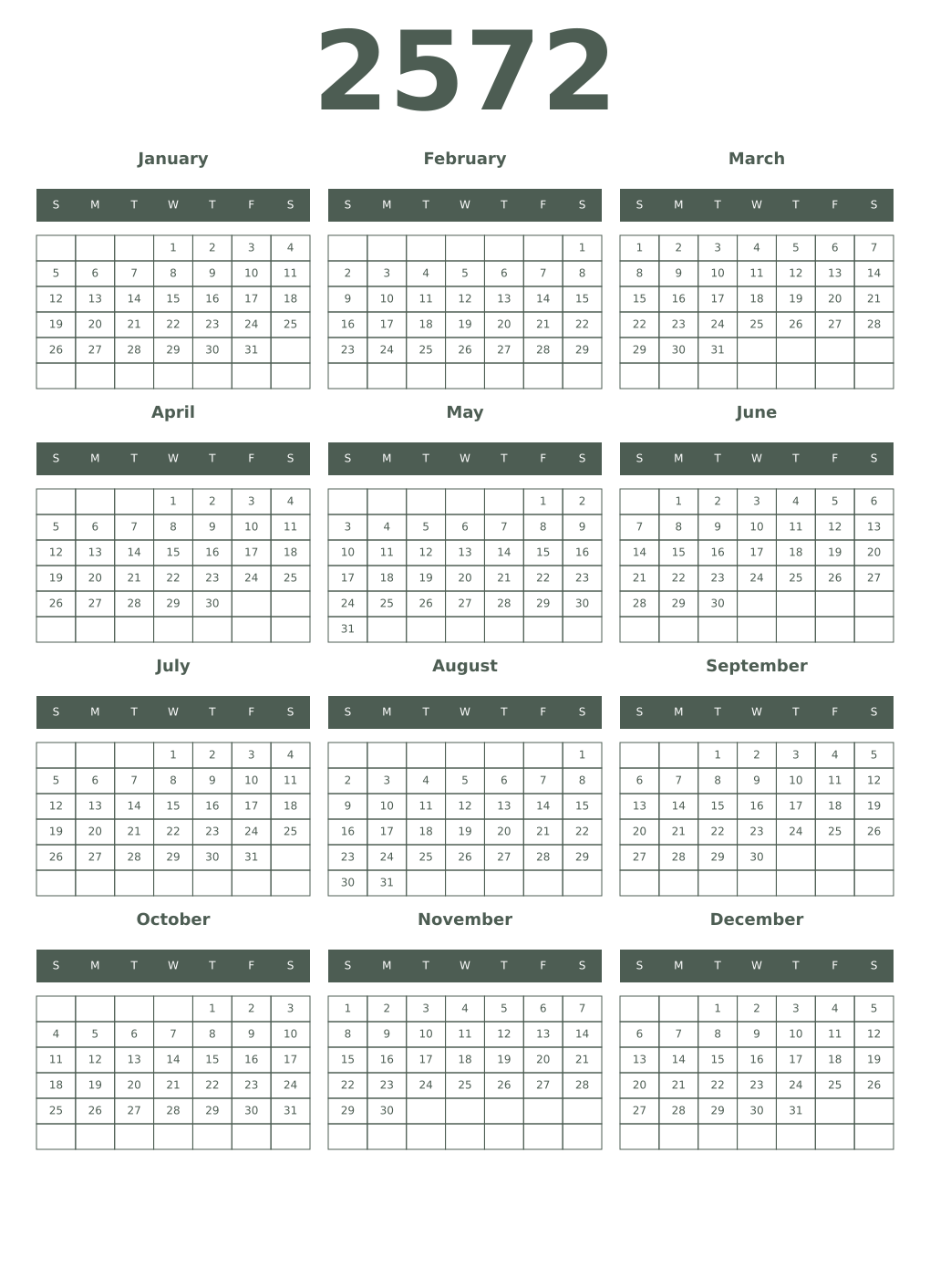 Printable 2572 Year Calendars feldgrau