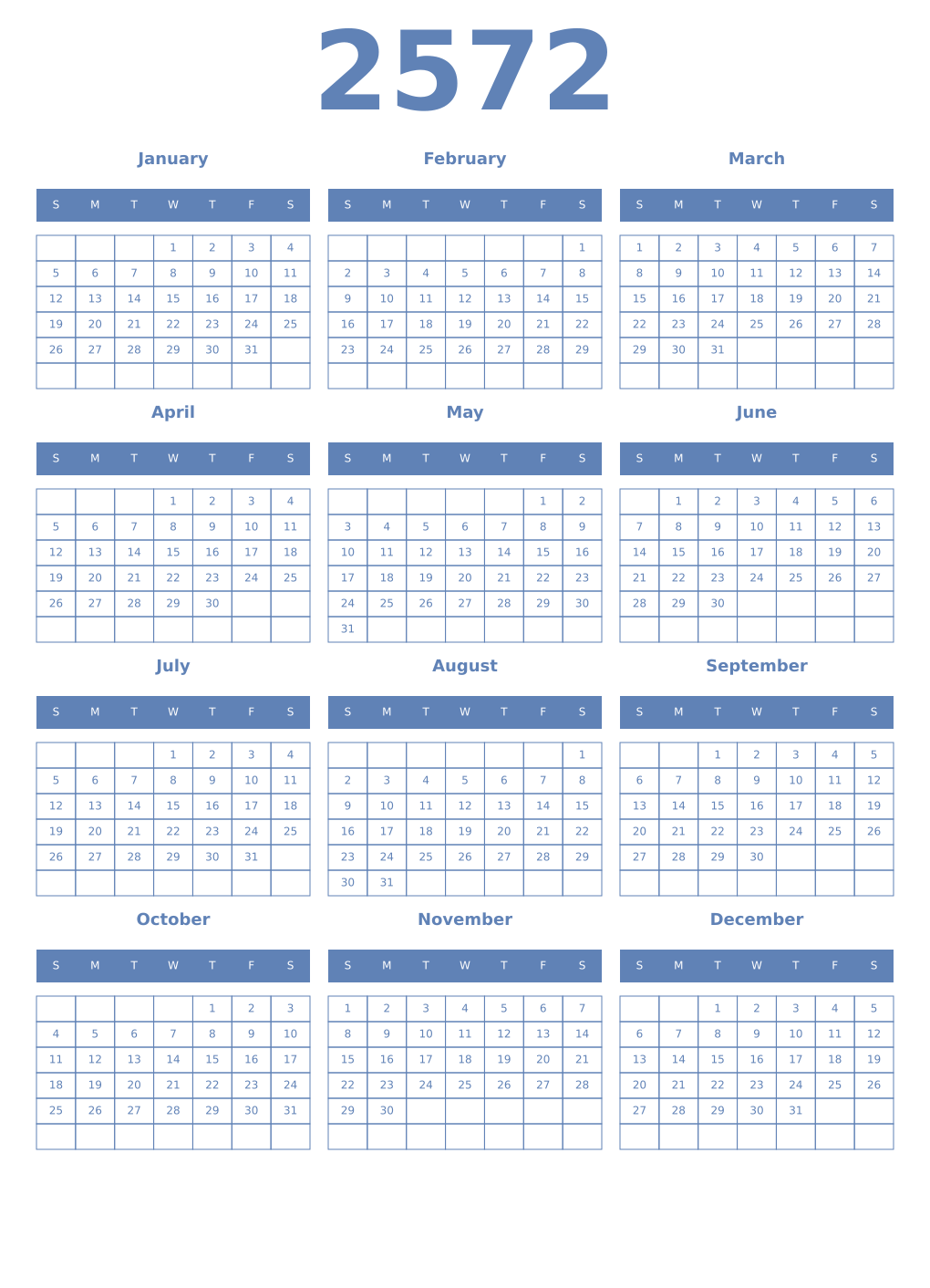 Printable 2572 Year Calendars glaucous