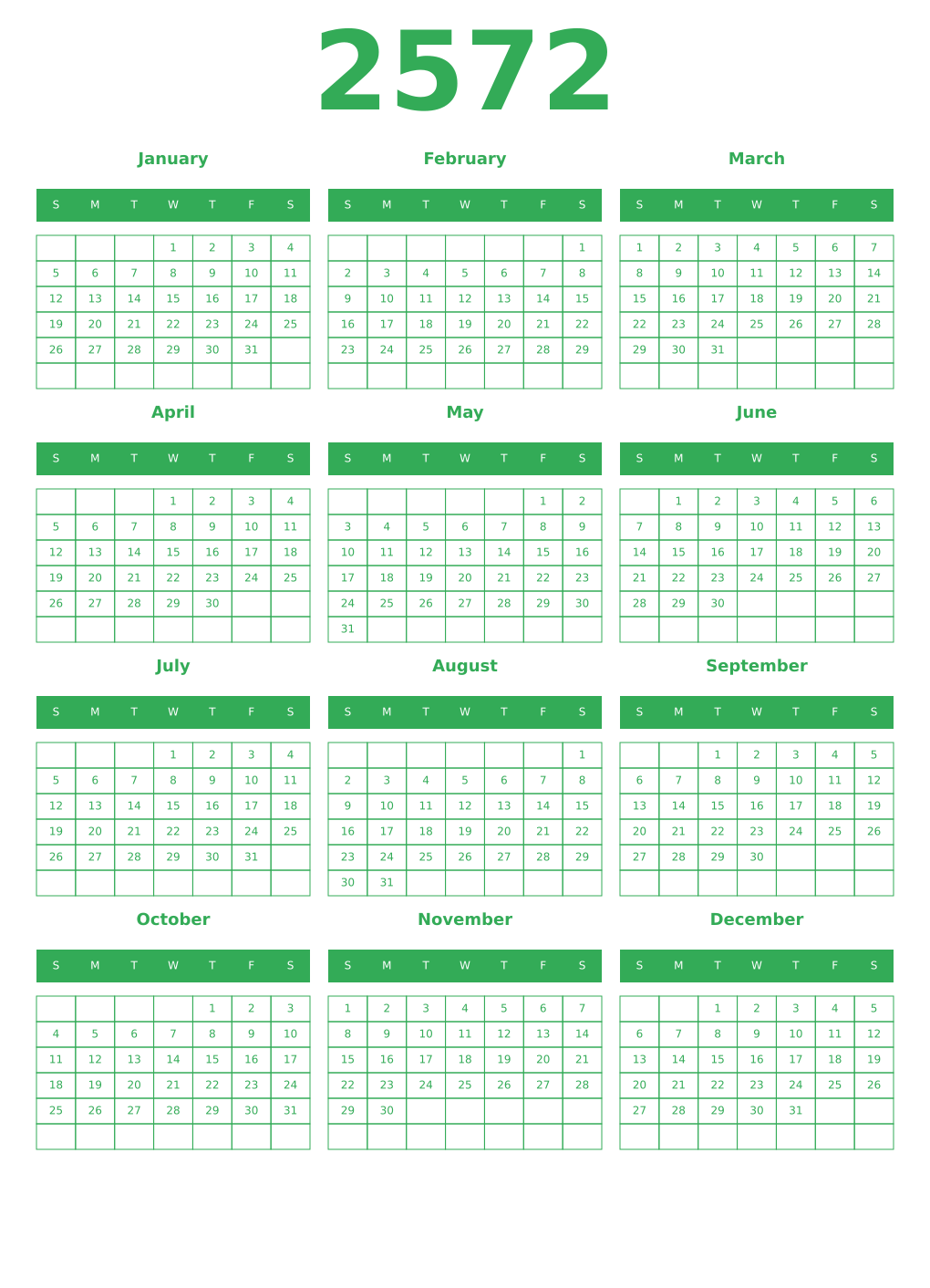 Printable 2572 Year Calendars green