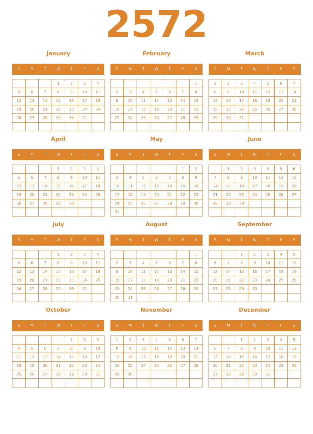 Printable 2572 Year Calendars orange