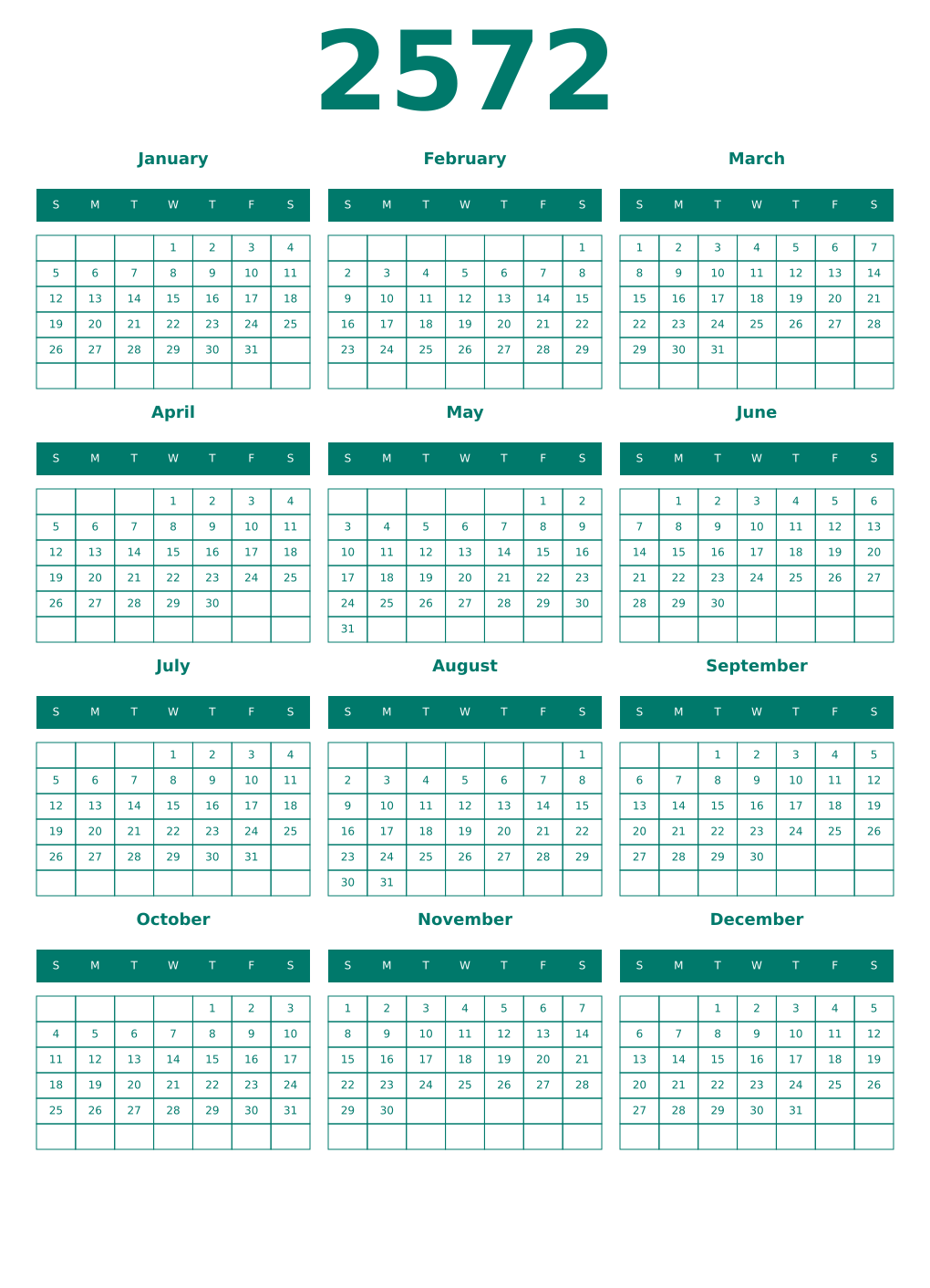 Printable 2572 Year Calendars pastel