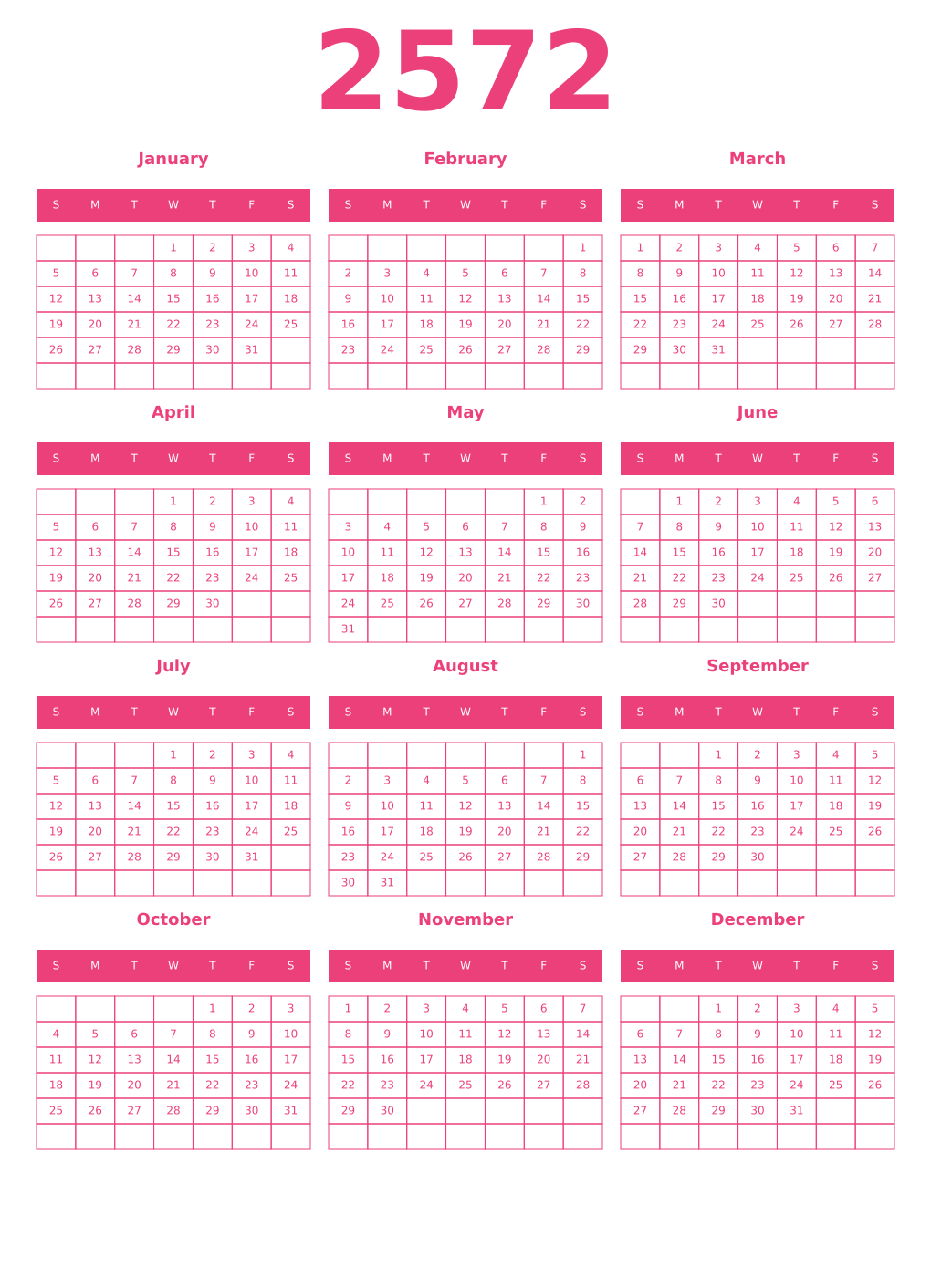 Printable 2572 Year Calendars pink