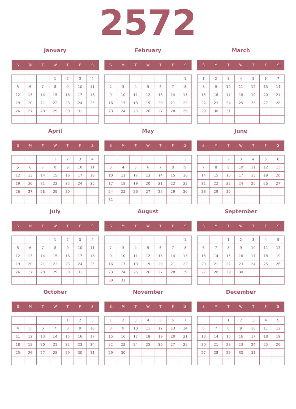 Printable 2572 Year Calendars puce