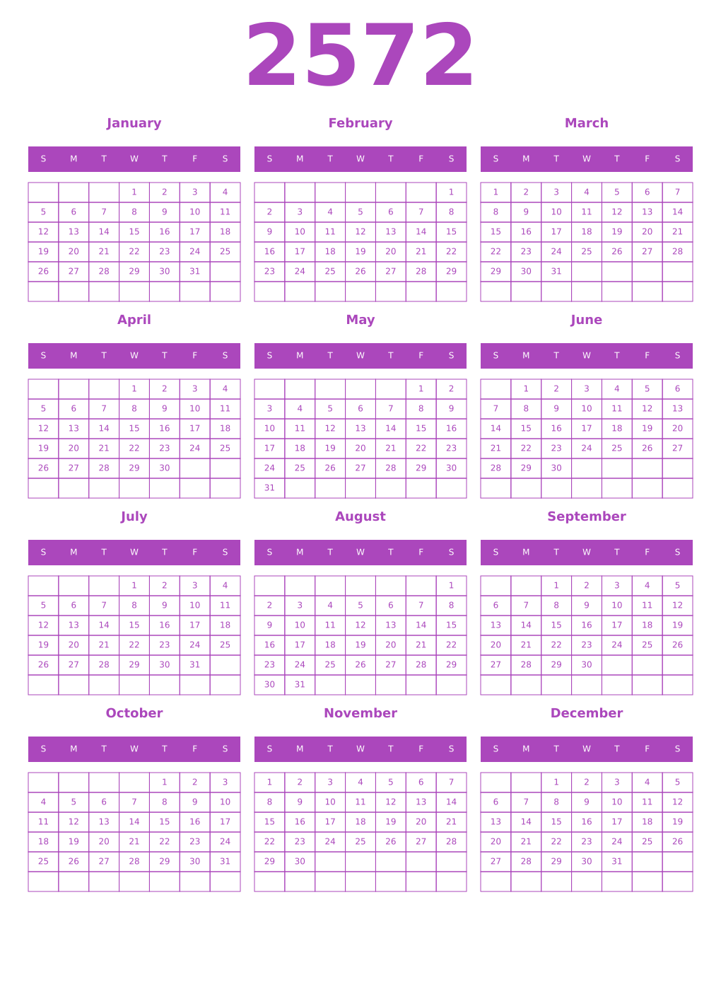 Printable 2572 Year Calendars purple
