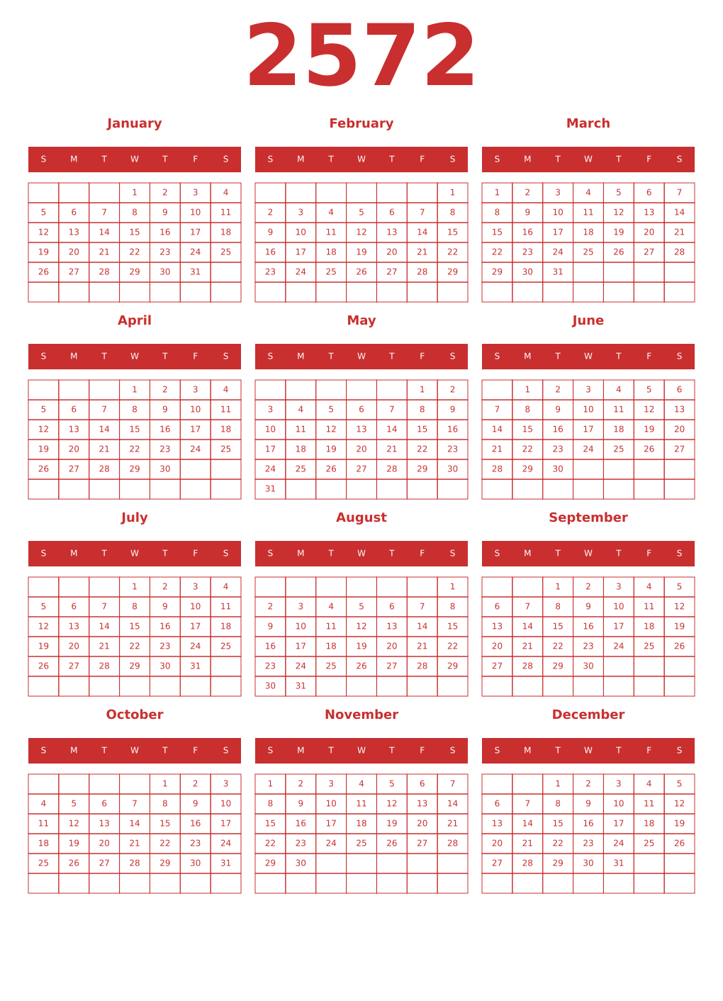 Printable 2572 Year Calendars red