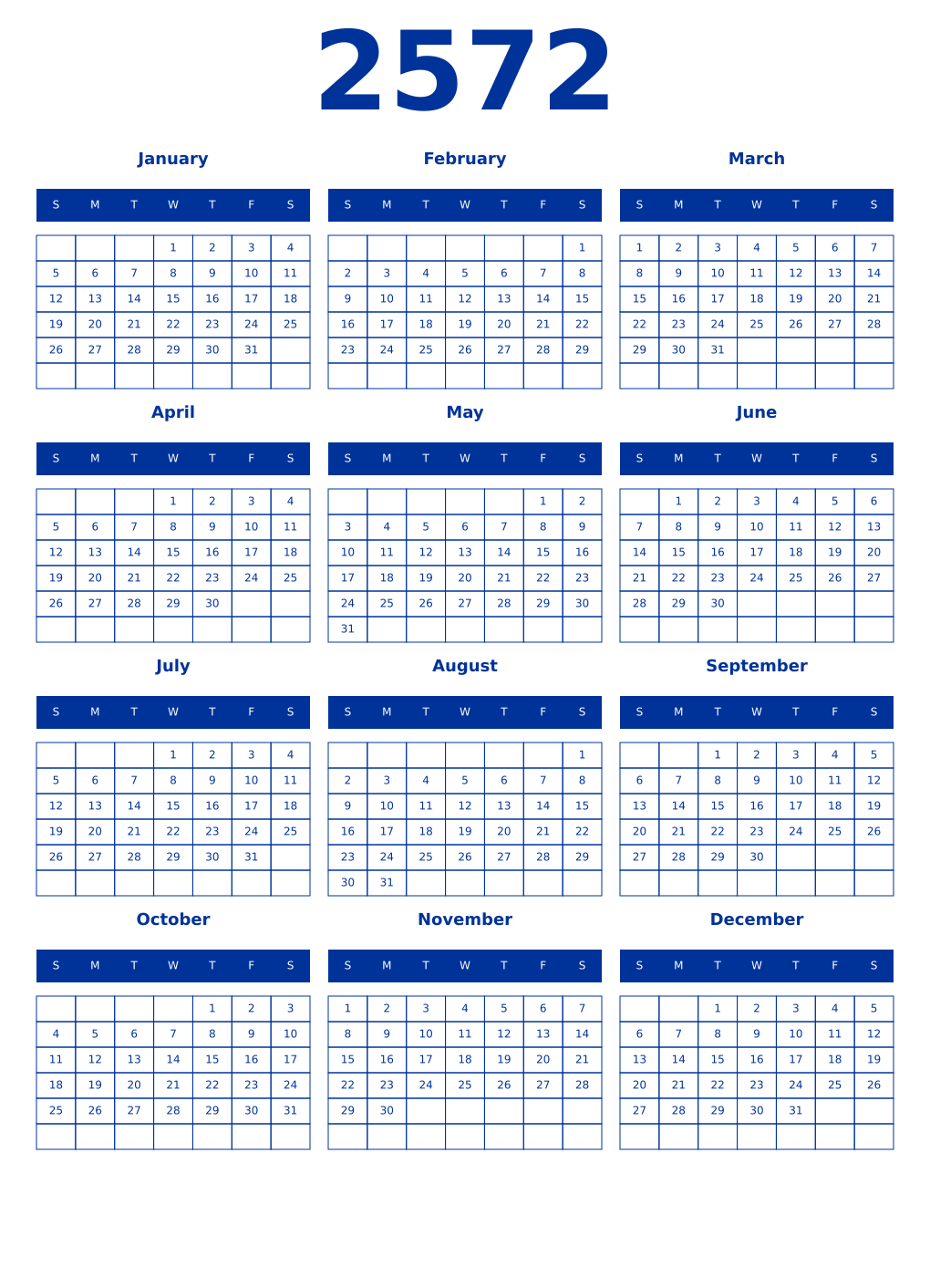 Printable 2572 Year Calendars smalt