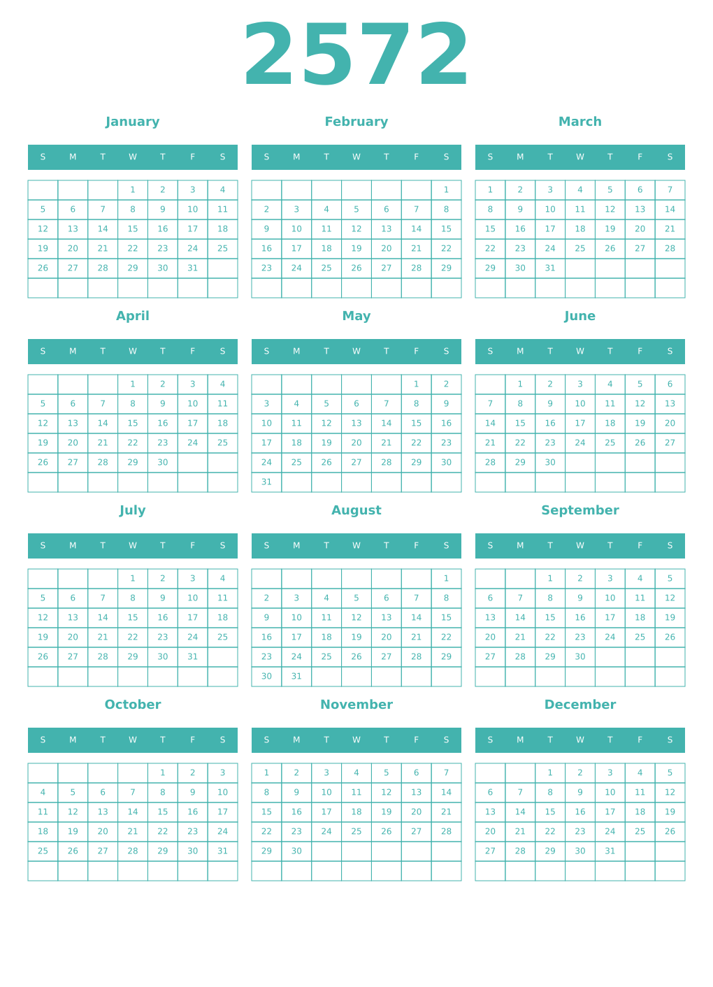 Printable 2572 Year Calendars verdigris