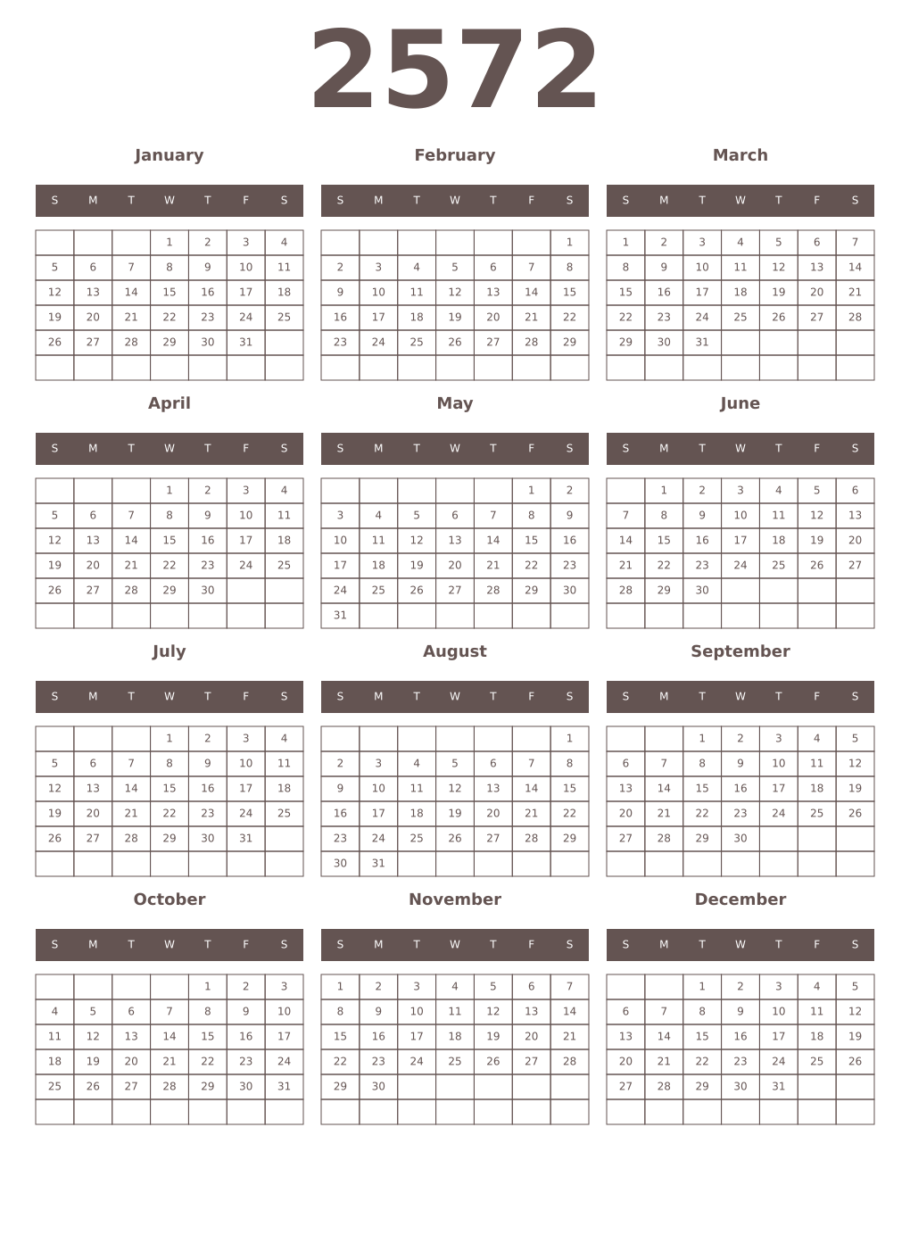 Printable 2572 Year Calendars wenge
