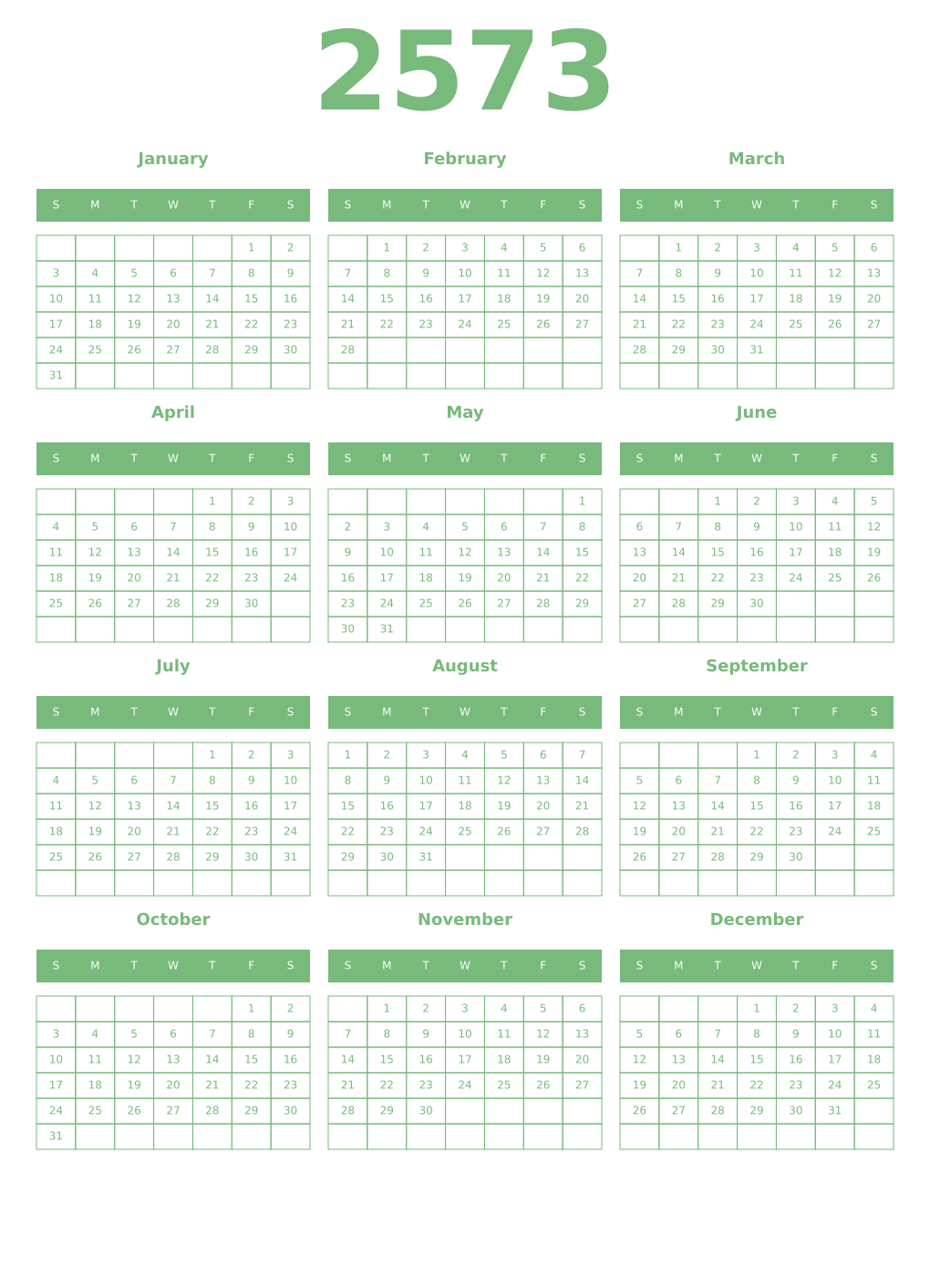 Printable 2573 Year Calendars celadon