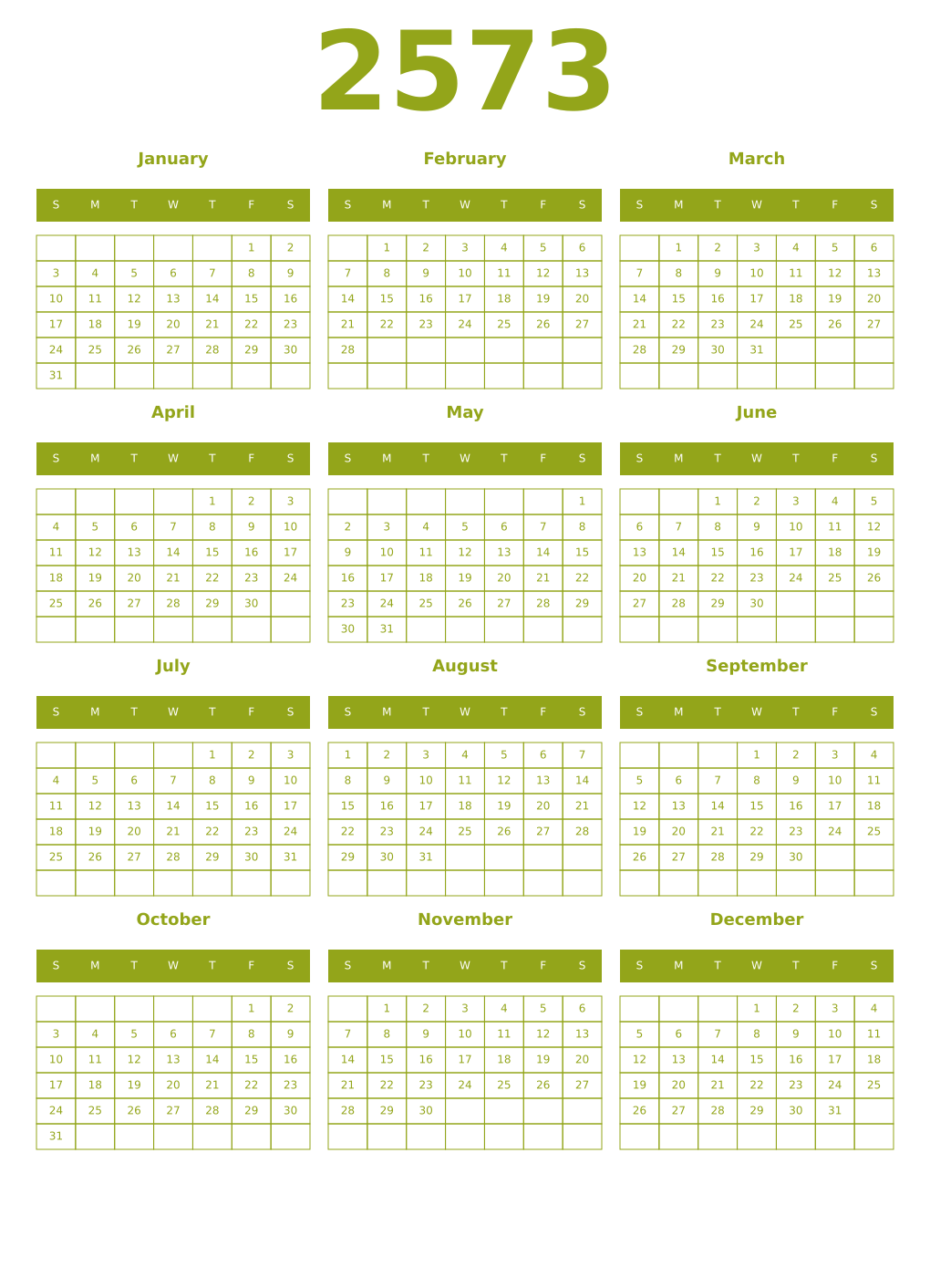 Printable 2573 Year Calendars chartreuse