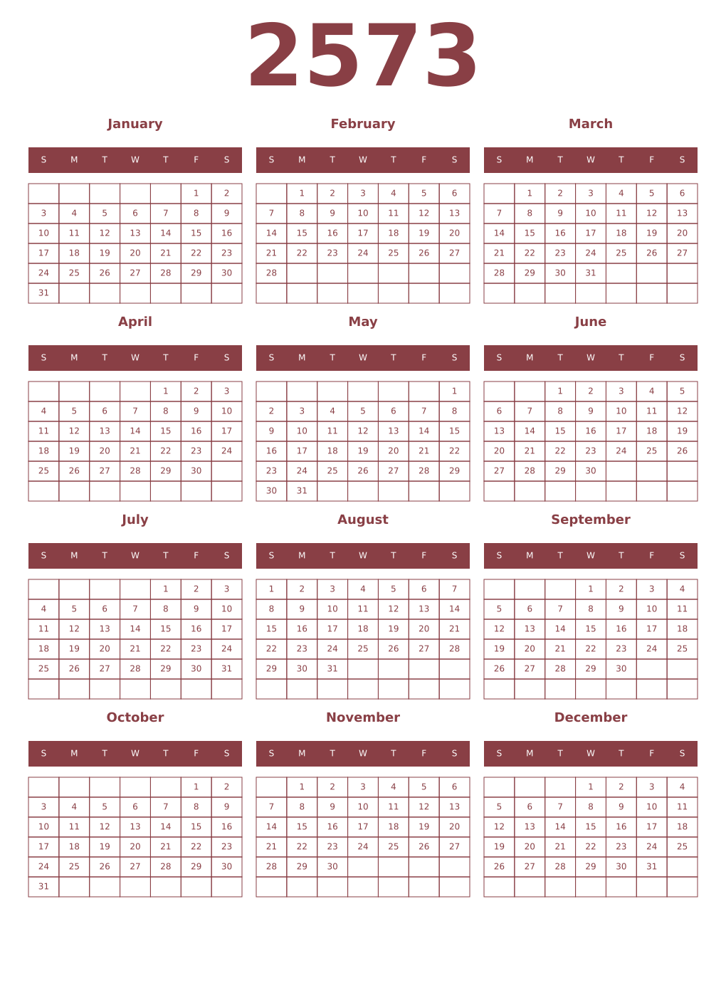 Printable 2573 Year Calendars cordovan